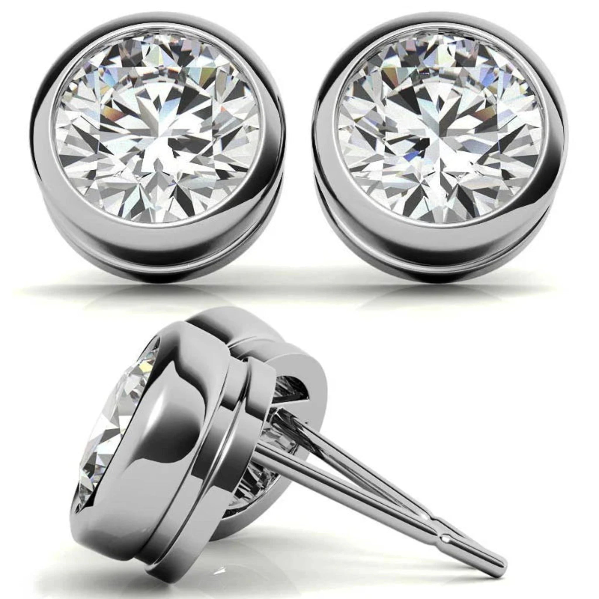 Timeless Round Solitaire White Gold Silver Bezel-Set Earring For Woman