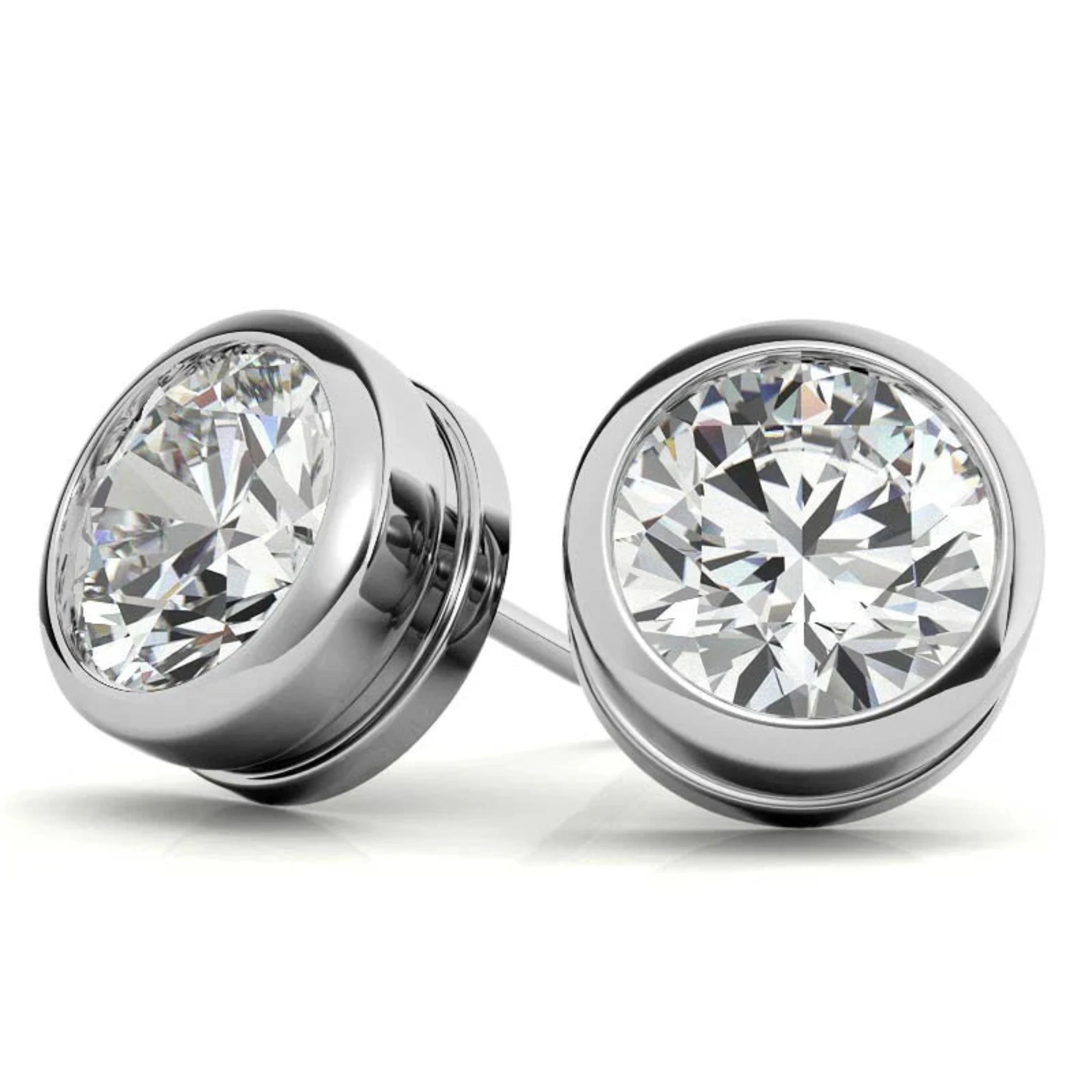 Timeless Round Solitaire White Gold Silver Bezel-Set Earring For Woman