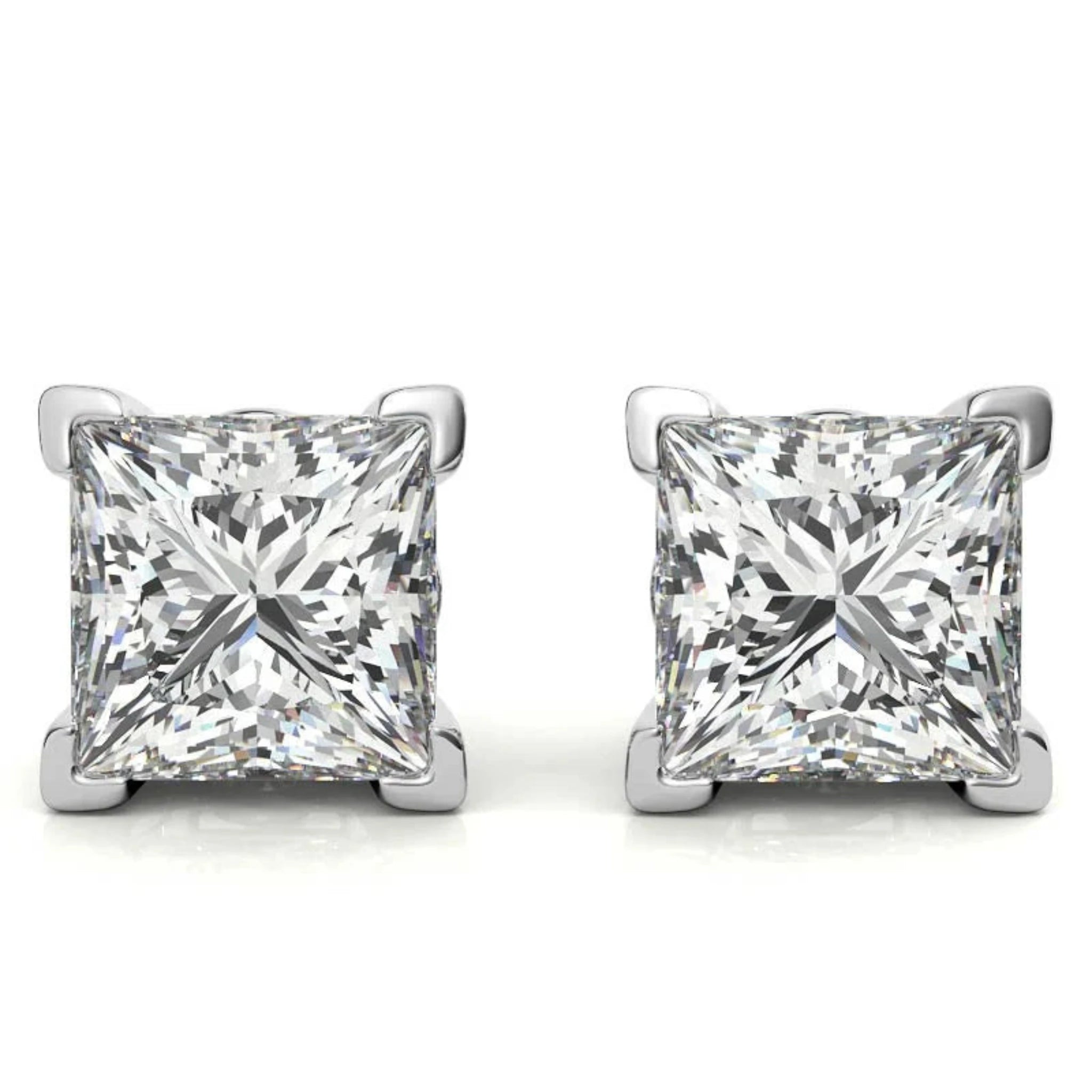 Radiant Princess-Cut Sparkling White Gold Silver Block Prong-Set Earrings for Women
