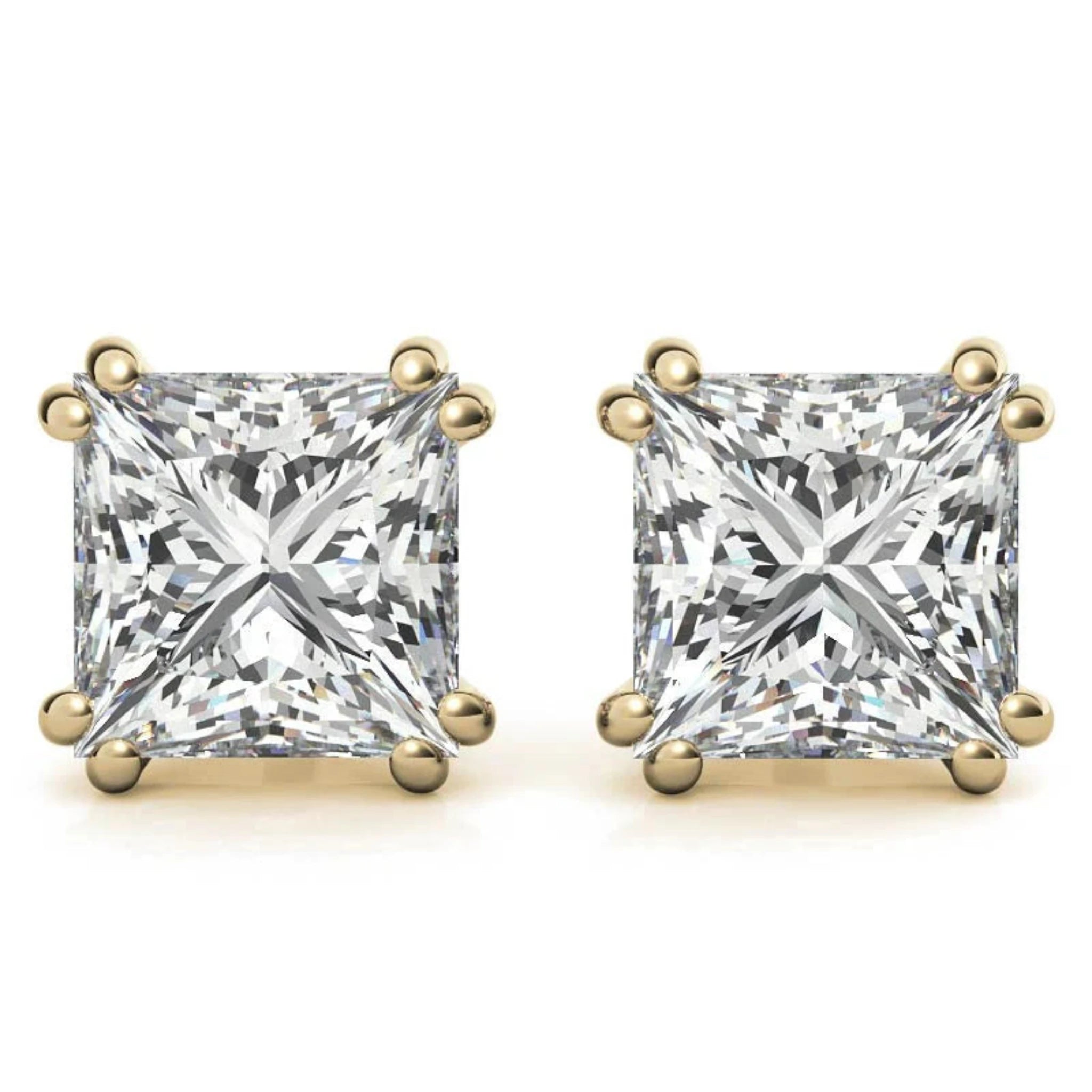Modern Square-Cut Solitaire Yellow Gold Silver Sparkling Stud Earrings For Woman