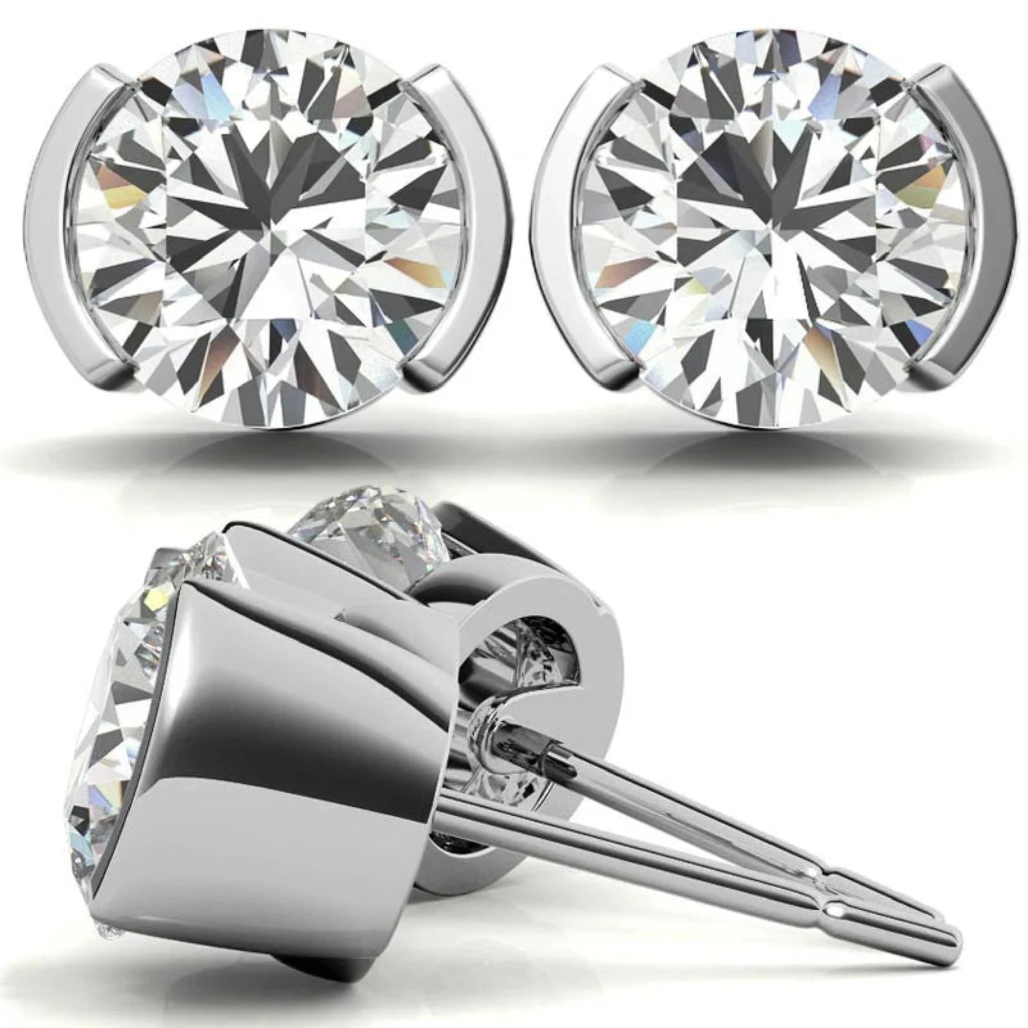 Contemporary Round-Cut Solitaire White Gold Silver Semi-Bezel Set Earring For Woman