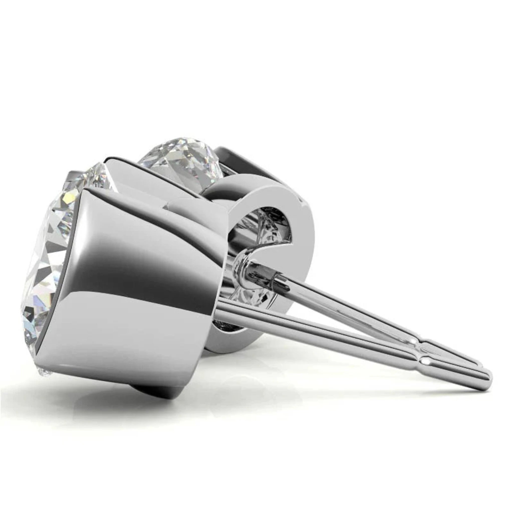 Contemporary Round-Cut Solitaire White Gold Silver Semi-Bezel Set Earring For Woman