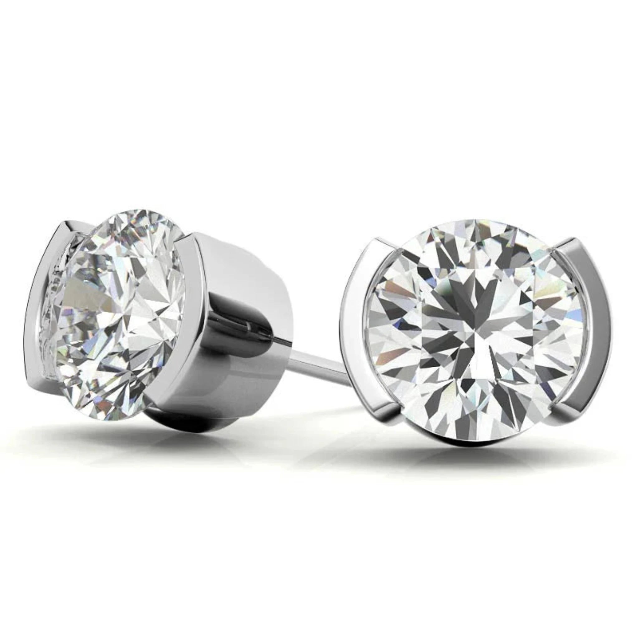 Contemporary Round-Cut Solitaire White Gold Silver Semi-Bezel Set Earring For Woman