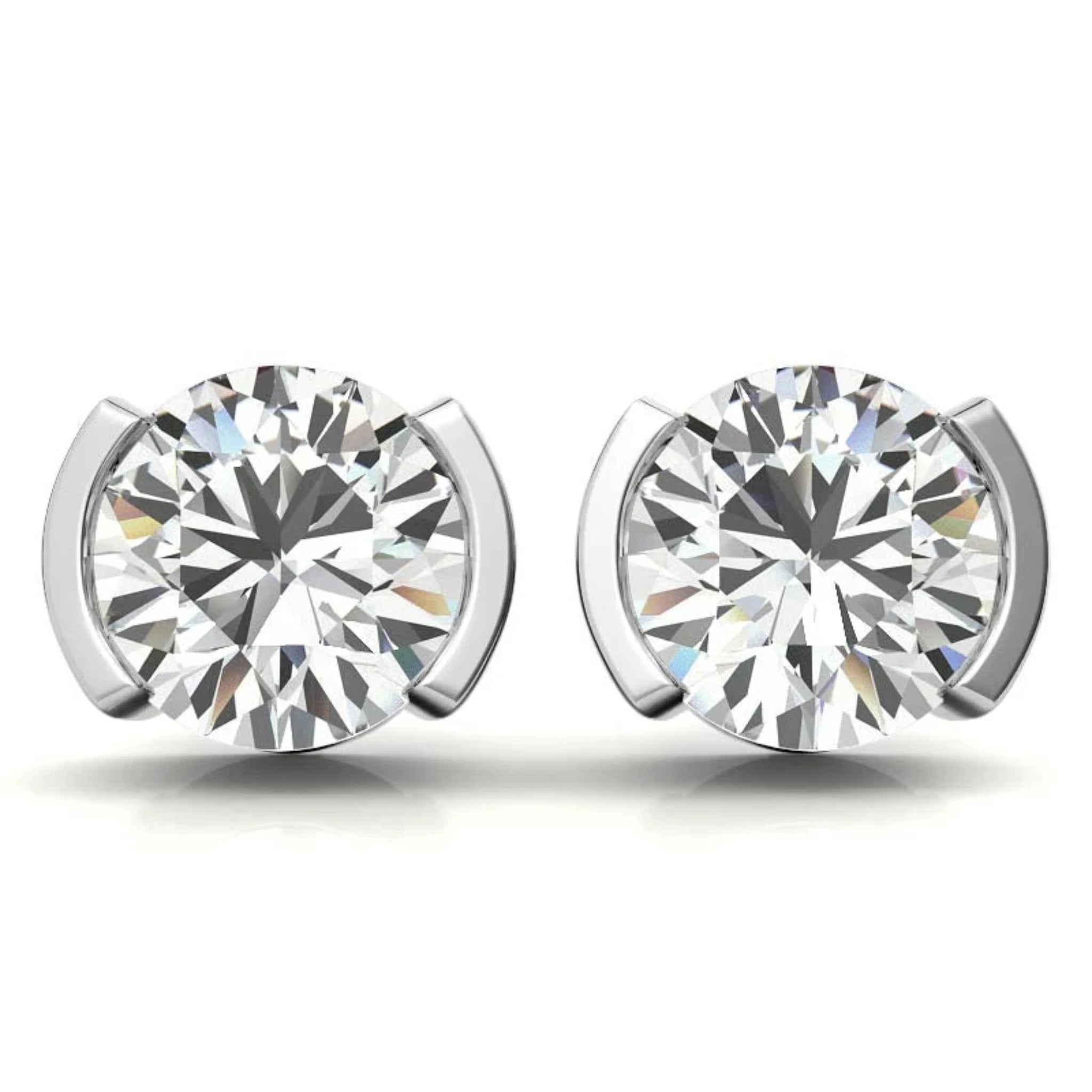 Contemporary Round-Cut Solitaire White Gold Silver Semi-Bezel Set Earring For Woman