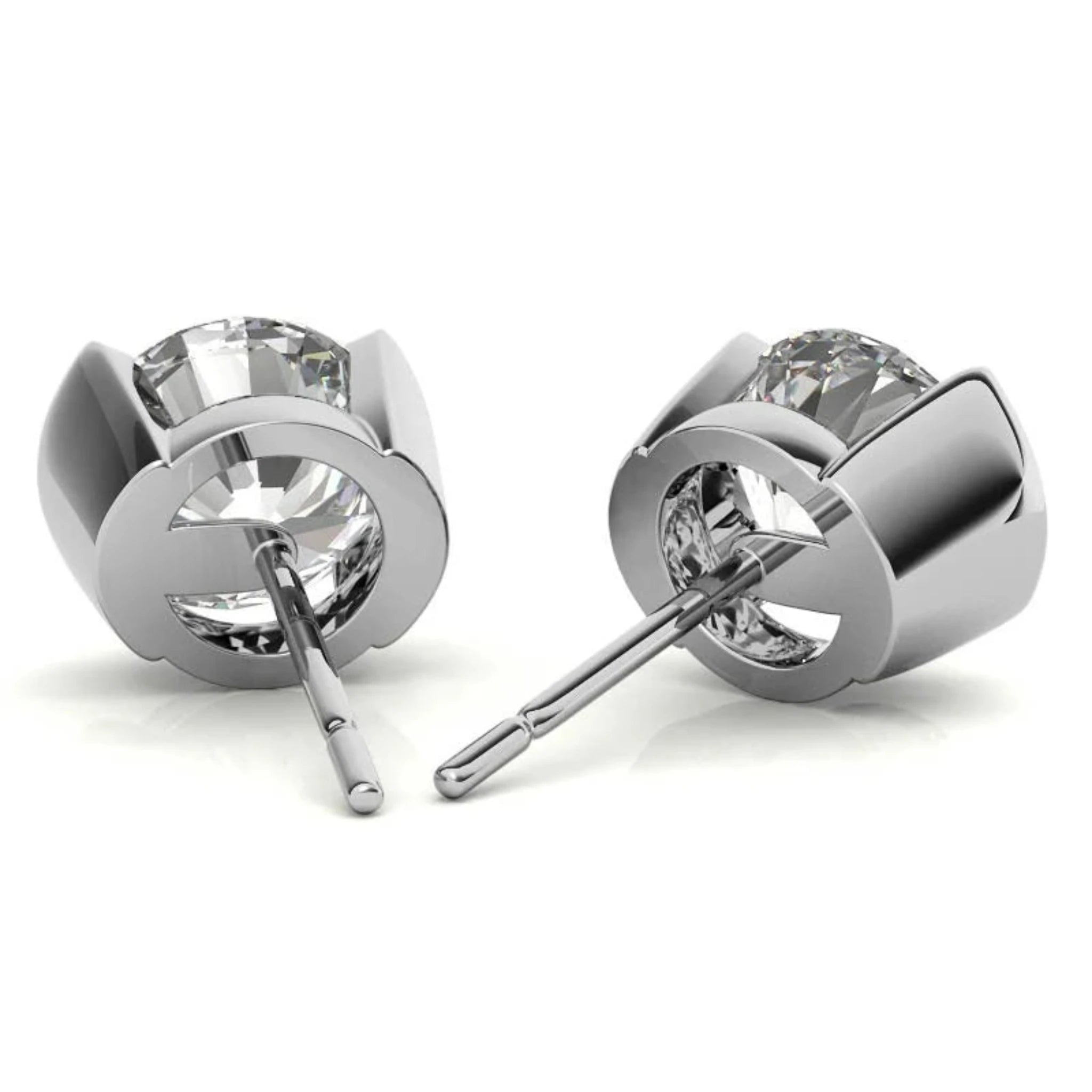 Contemporary Round-Cut Solitaire White Gold Silver Semi-Bezel Set Earring For Woman