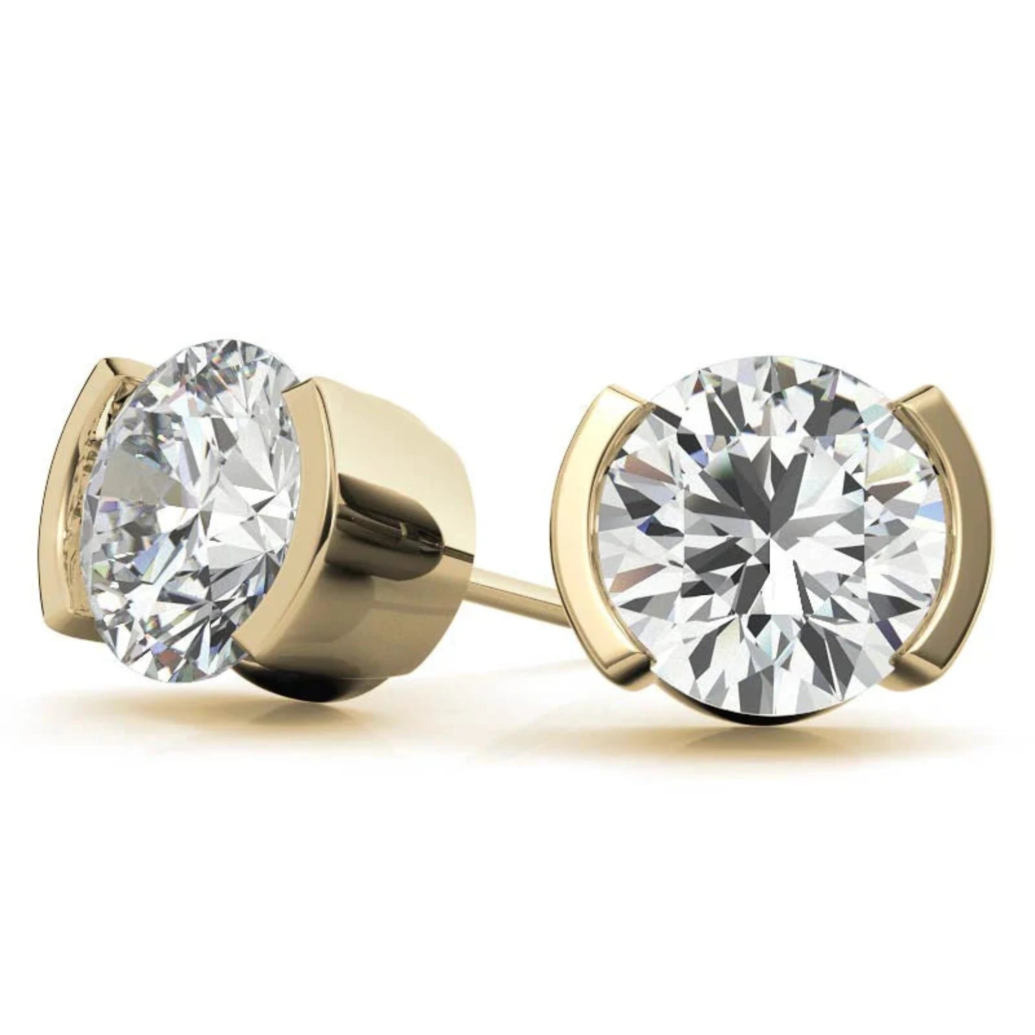 Contemporary Round-Cut Solitaire Yellow Gold Silver Semi-Bezel Set Earring For Woman