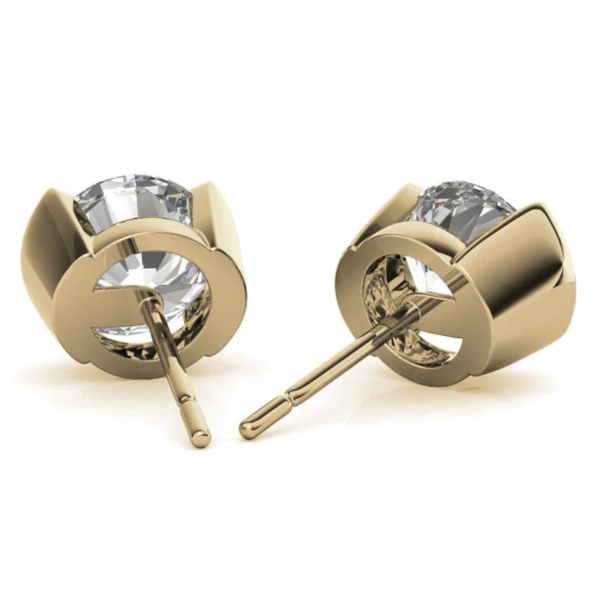 Contemporary Round-Cut Solitaire Yellow Gold Silver Semi-Bezel Set Earring For Woman