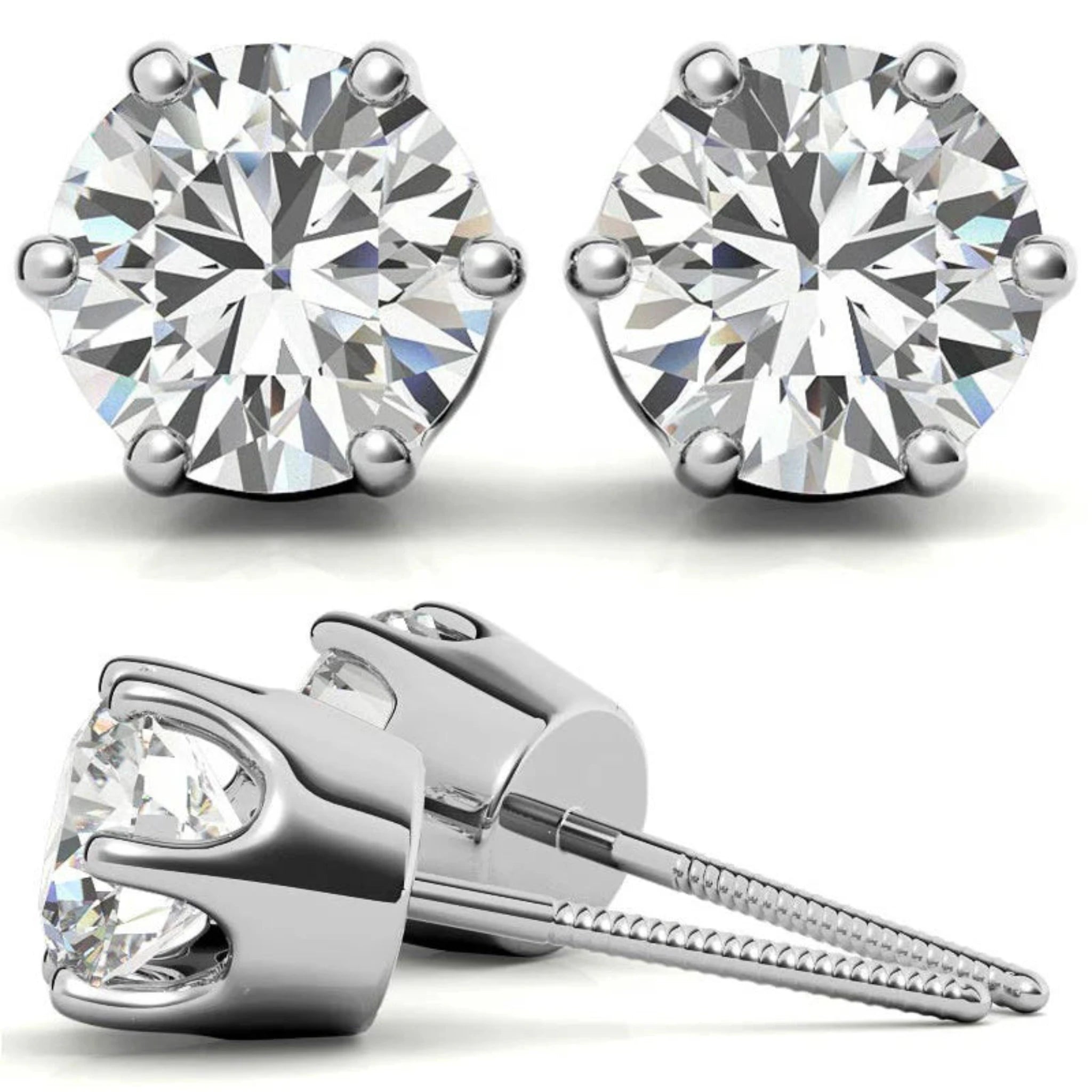 Classic Round Solitaire White Gold Silver 6-Prong-Set Earring For Woman