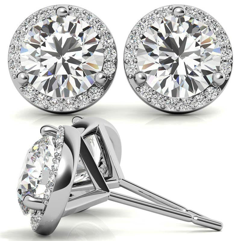 Classic Halo White Gold Silver Prong-Cut Earring For Woman