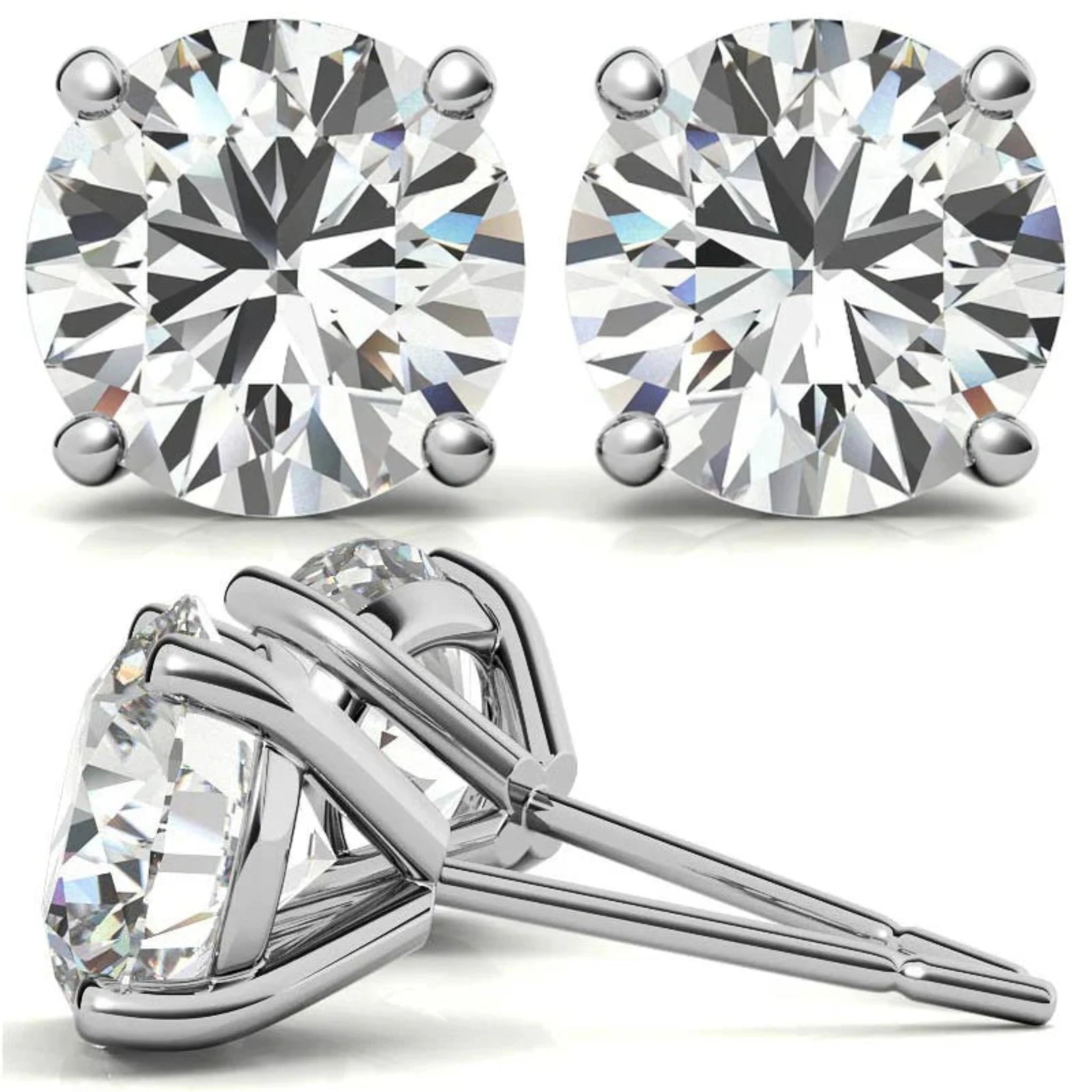 Four-Prong Round Solitaire White Gold Silver Brilliant Earrings for Women
