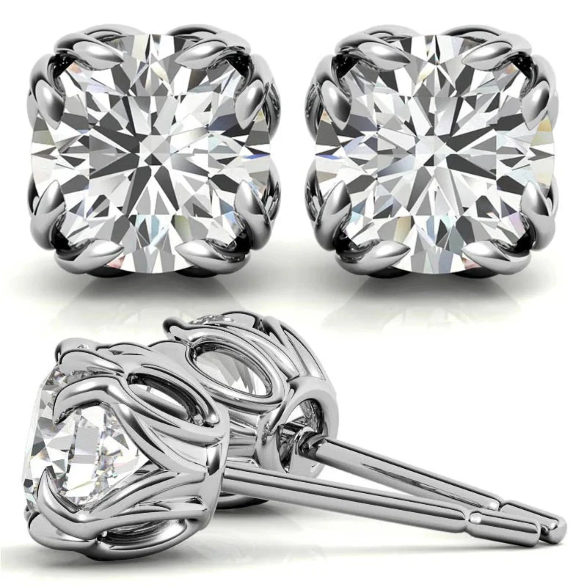 Sophisticated Round Floral White Gold Silver Intricate Claw Double Prong-Set Earring For Woman
