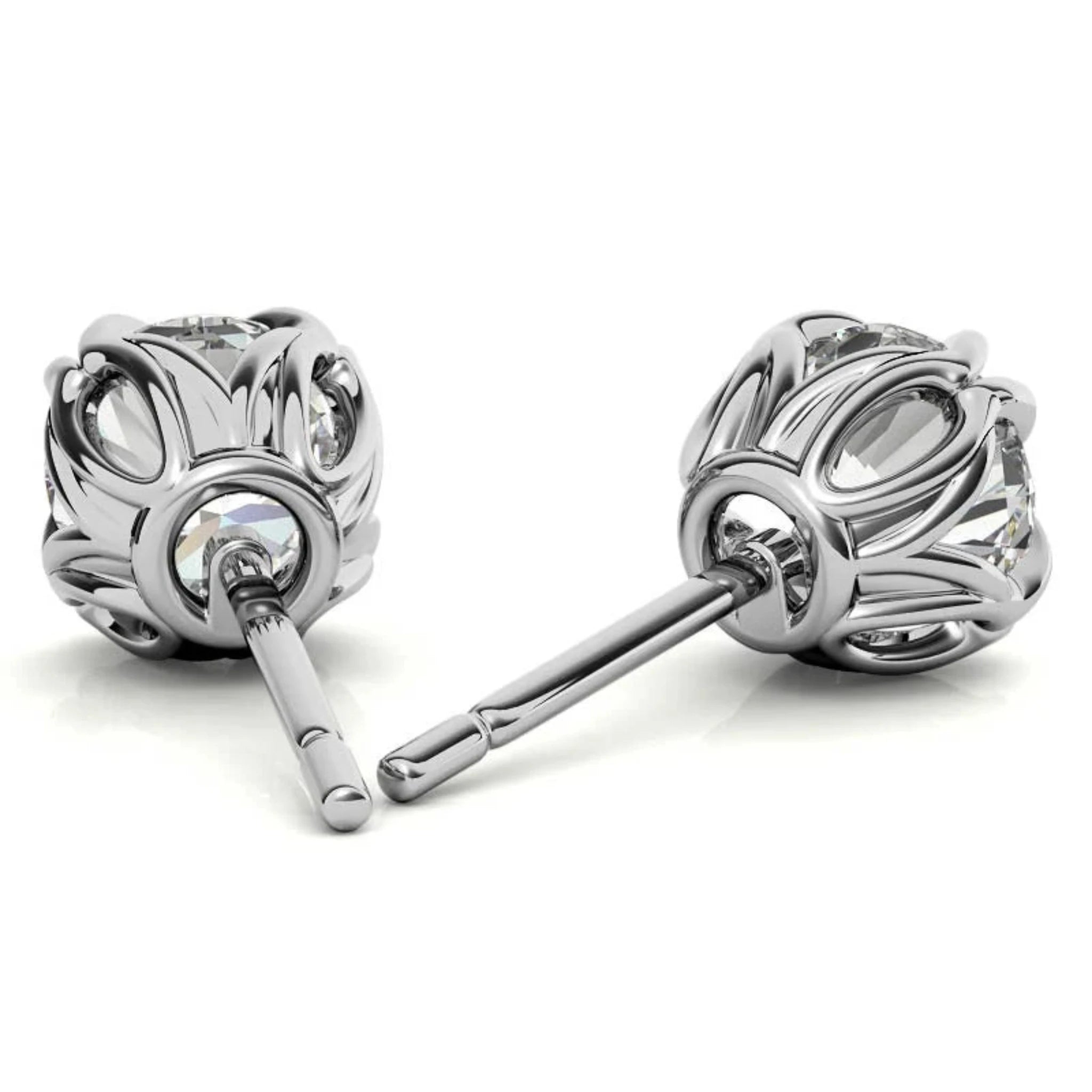 Sophisticated Round Floral White Gold Silver Intricate Claw Double Prong-Set Earring For Woman