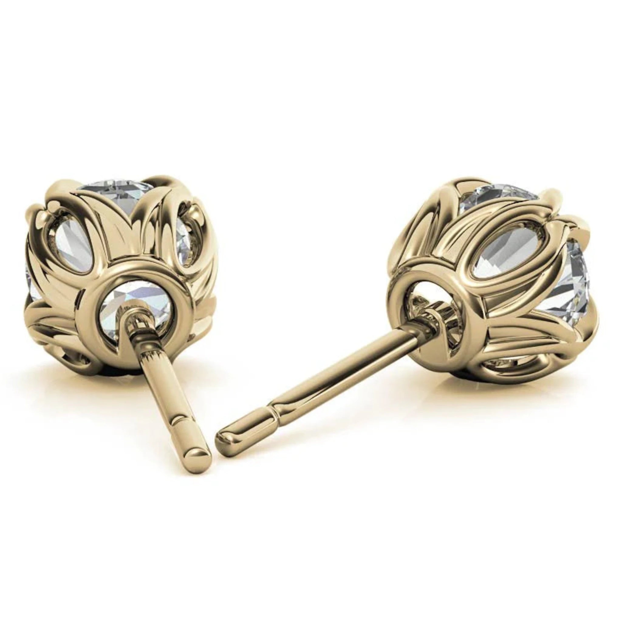 Sophisticated Round Floral Yellow Gold Silver Intricate Claw Double Prong-Set Earring For Woman