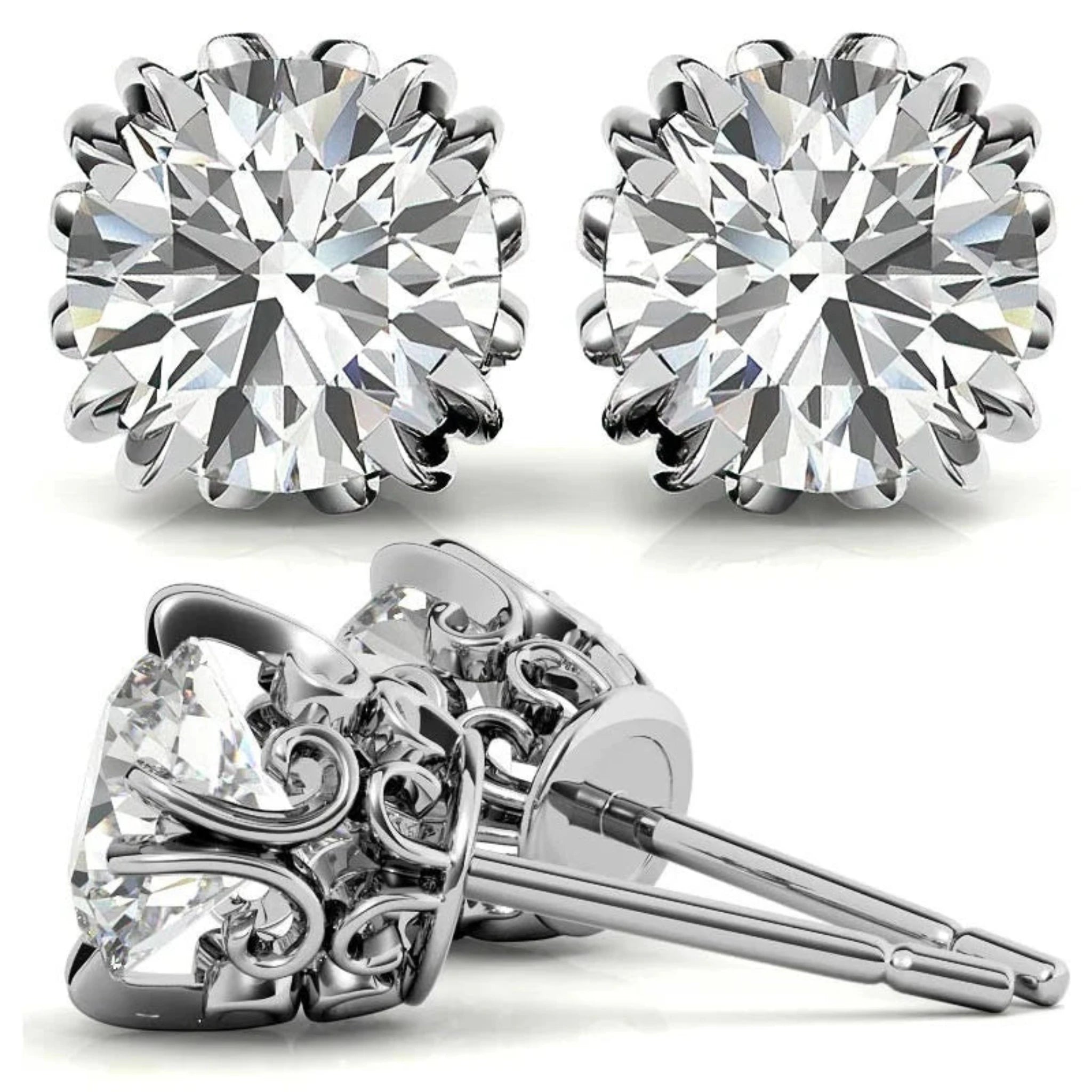 Floral-Inspired Round Diamond White Gold Silver Openwork Stud Earrings For Woman
