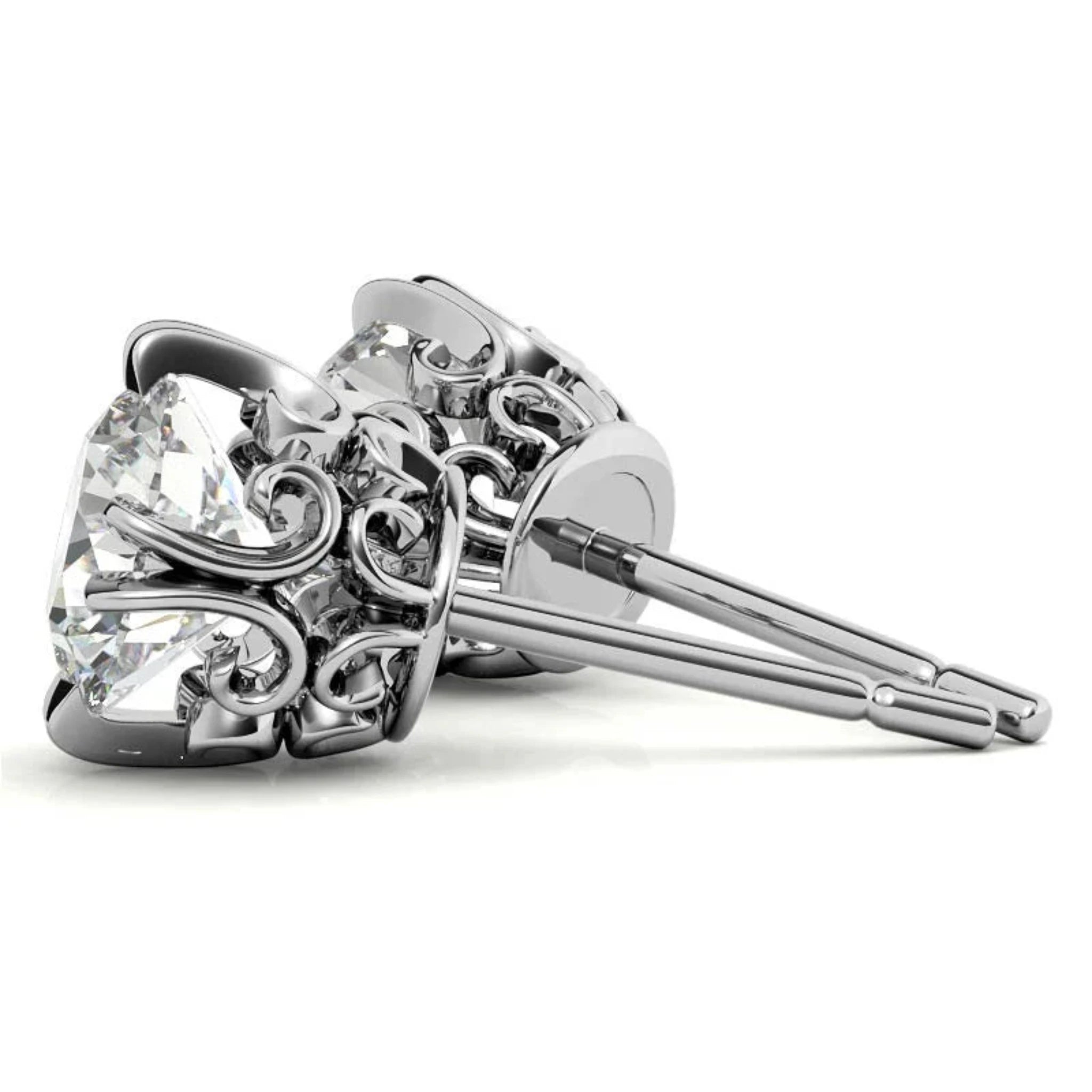 Floral-Inspired Round Diamond White Gold Silver Openwork Stud Earrings For Woman