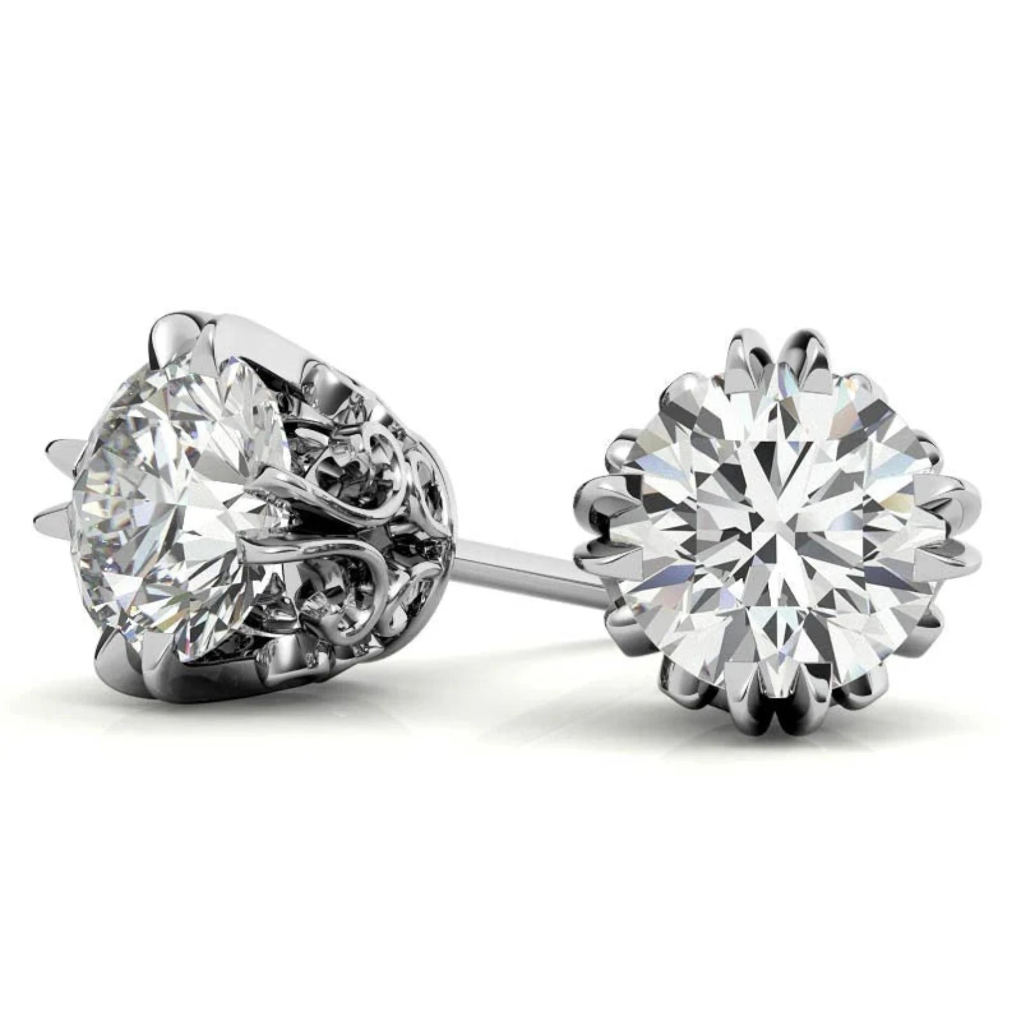 Floral-Inspired Round Diamond White Gold Silver Openwork Stud Earrings For Woman