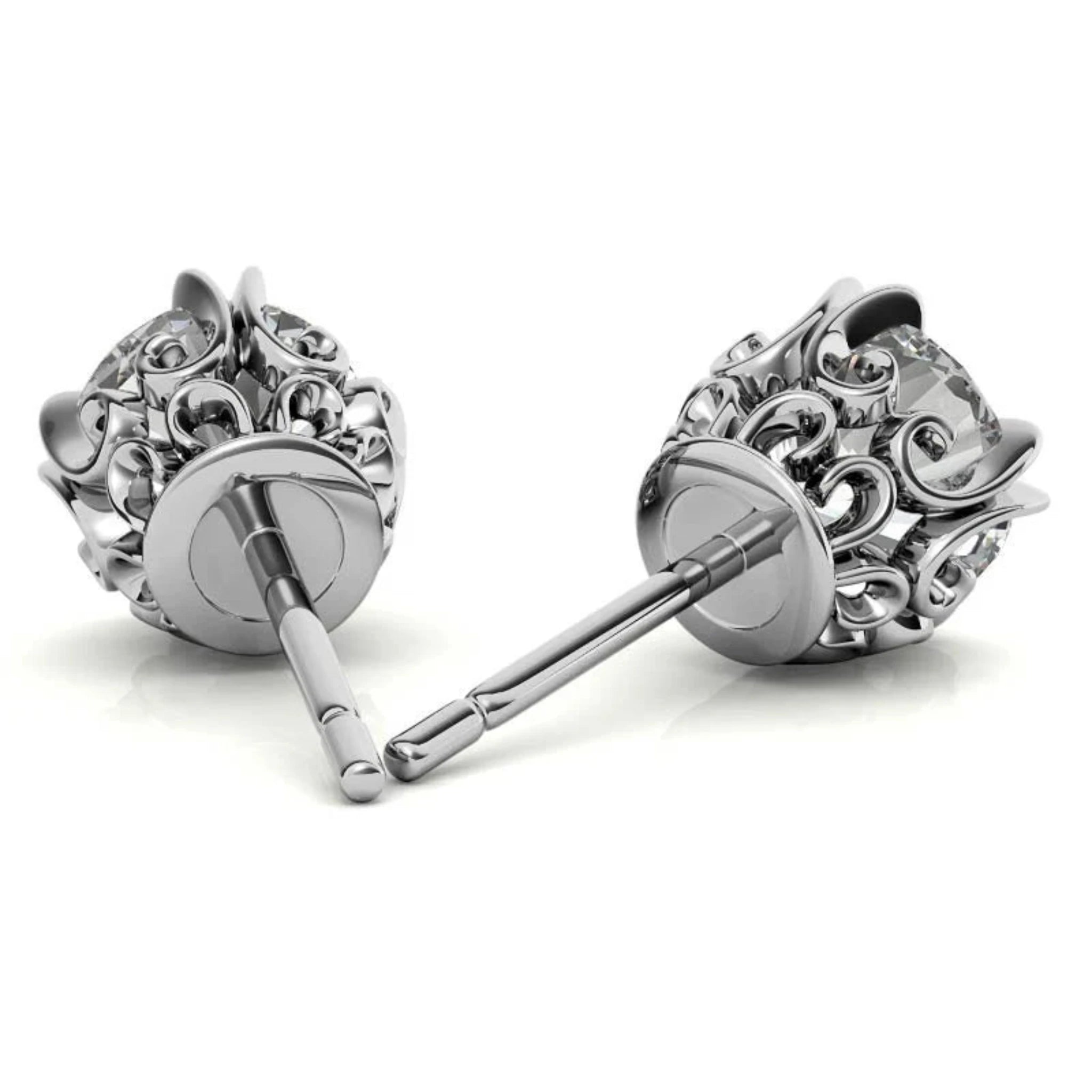 Floral-Inspired Round Diamond White Gold Silver Openwork Stud Earrings For Woman
