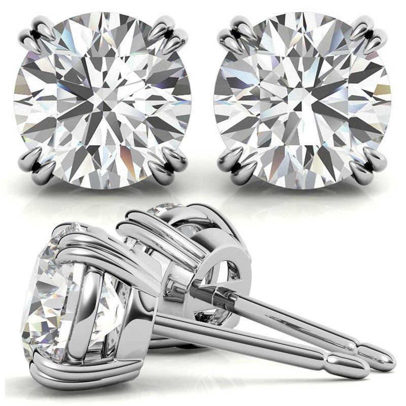 Round Solitaire White Gold Silver Double 4-Prong Claw Earring For Woman