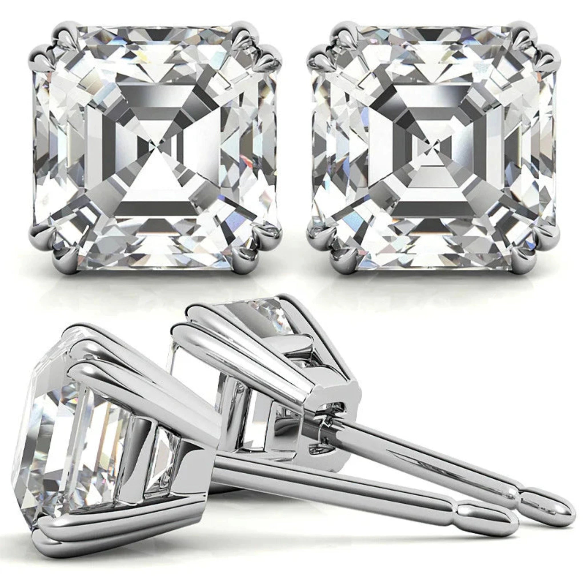 Asscher-Cut Solitaire White Gold Silver Double Prong-Set Earring For Woman
