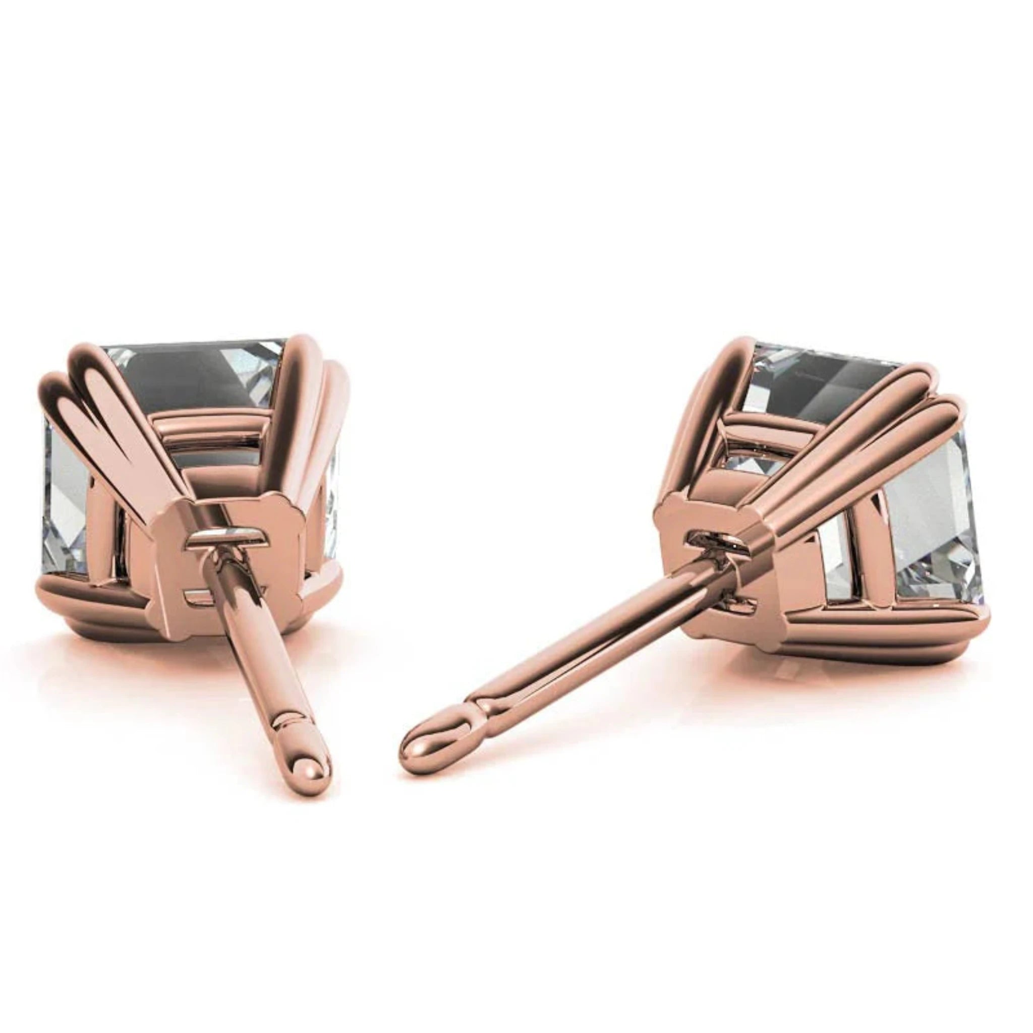 Asscher-Cut Solitaire Rose Gold Silver Double Prong-Set Earring For Woman