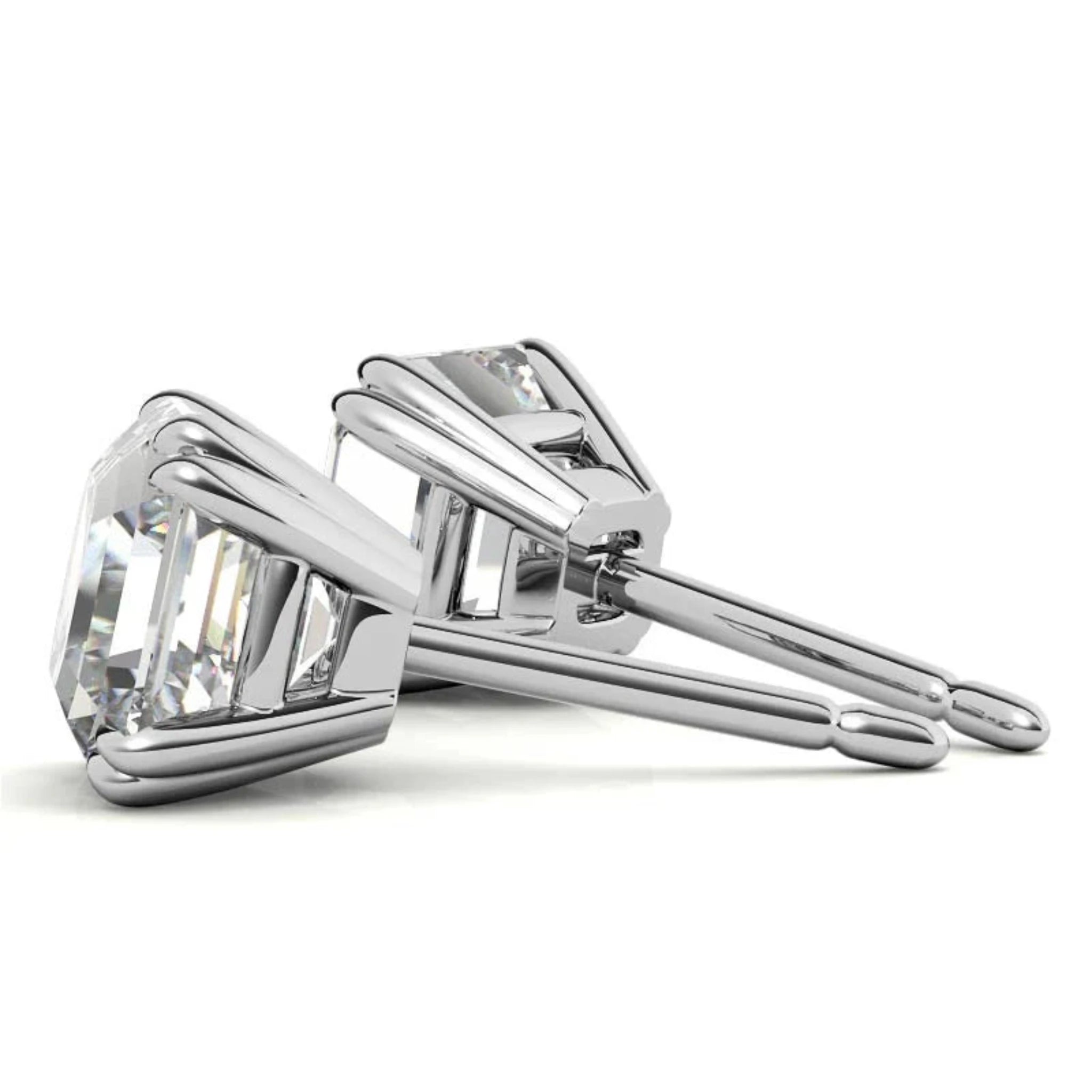 Asscher-Cut Solitaire White Gold Silver Double Prong-Set Earring For Woman