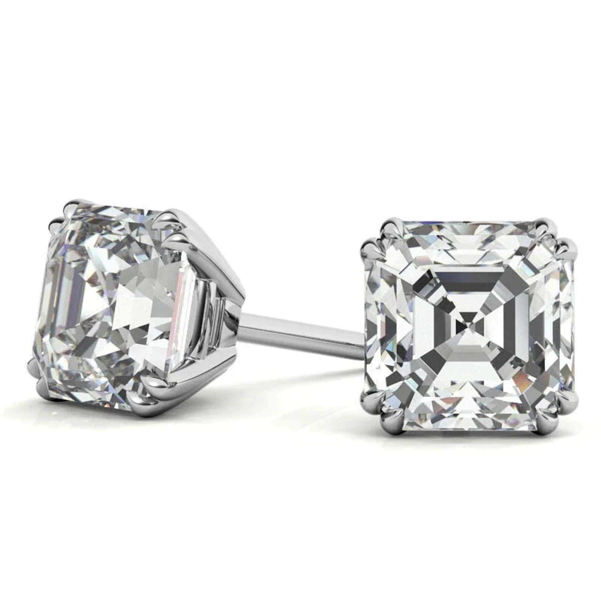 Asscher-Cut Solitaire White Gold Silver Double Prong-Set Earring For Woman