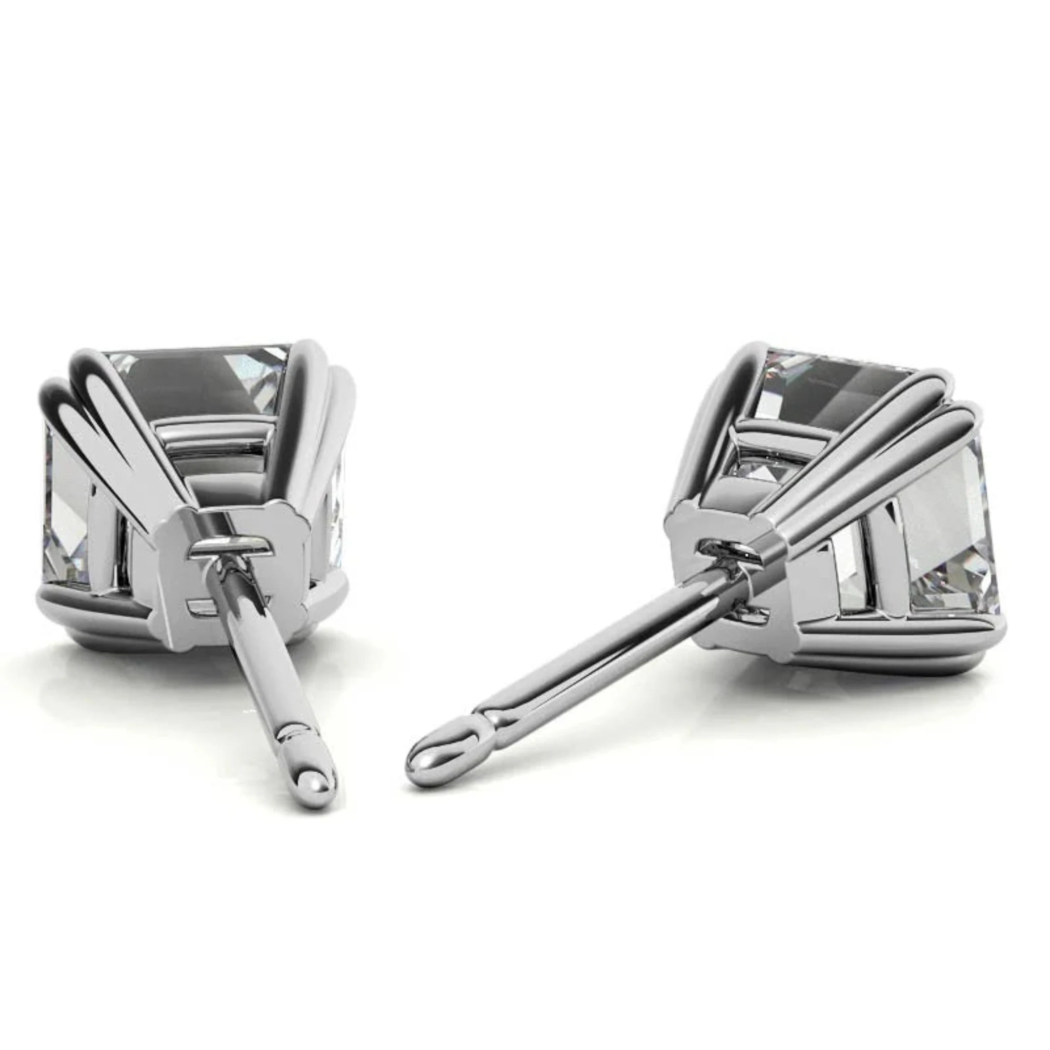 Asscher-Cut Solitaire White Gold Silver Double Prong-Set Earring For Woman