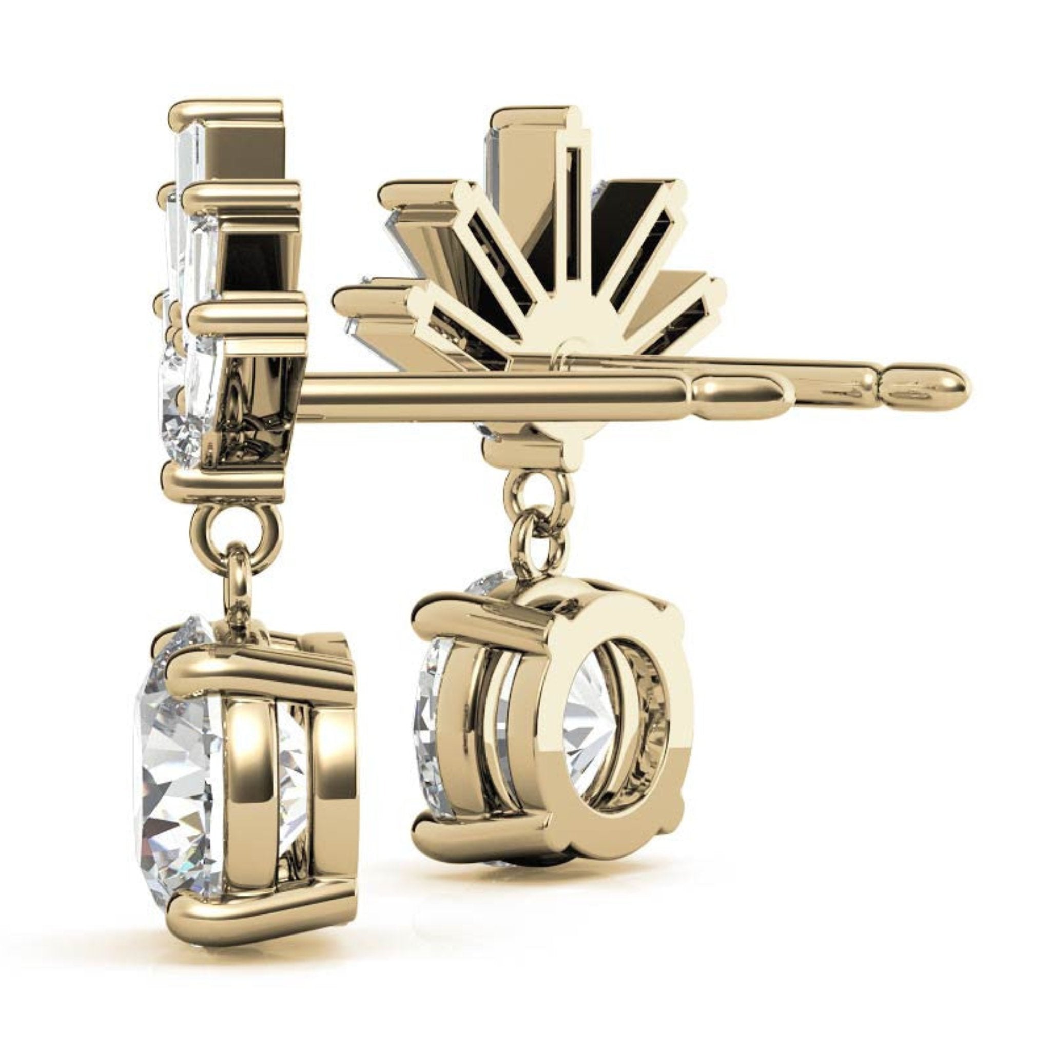 Intricate Baguette Fan Yellow Gold Silver Dangle Drop Earring For Woman