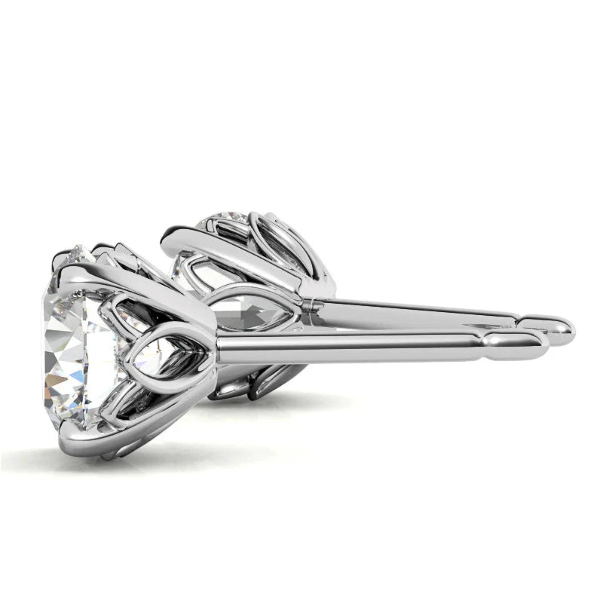 Round Solitaire Floral Lattice White Gold Silver Intricate Setting Stud Earring For Woman