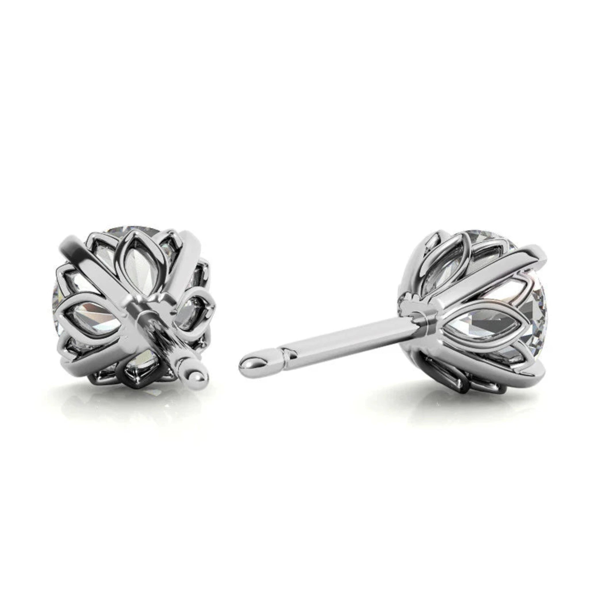 Round Solitaire Floral Lattice White Gold Silver Intricate Setting Stud Earring For Woman