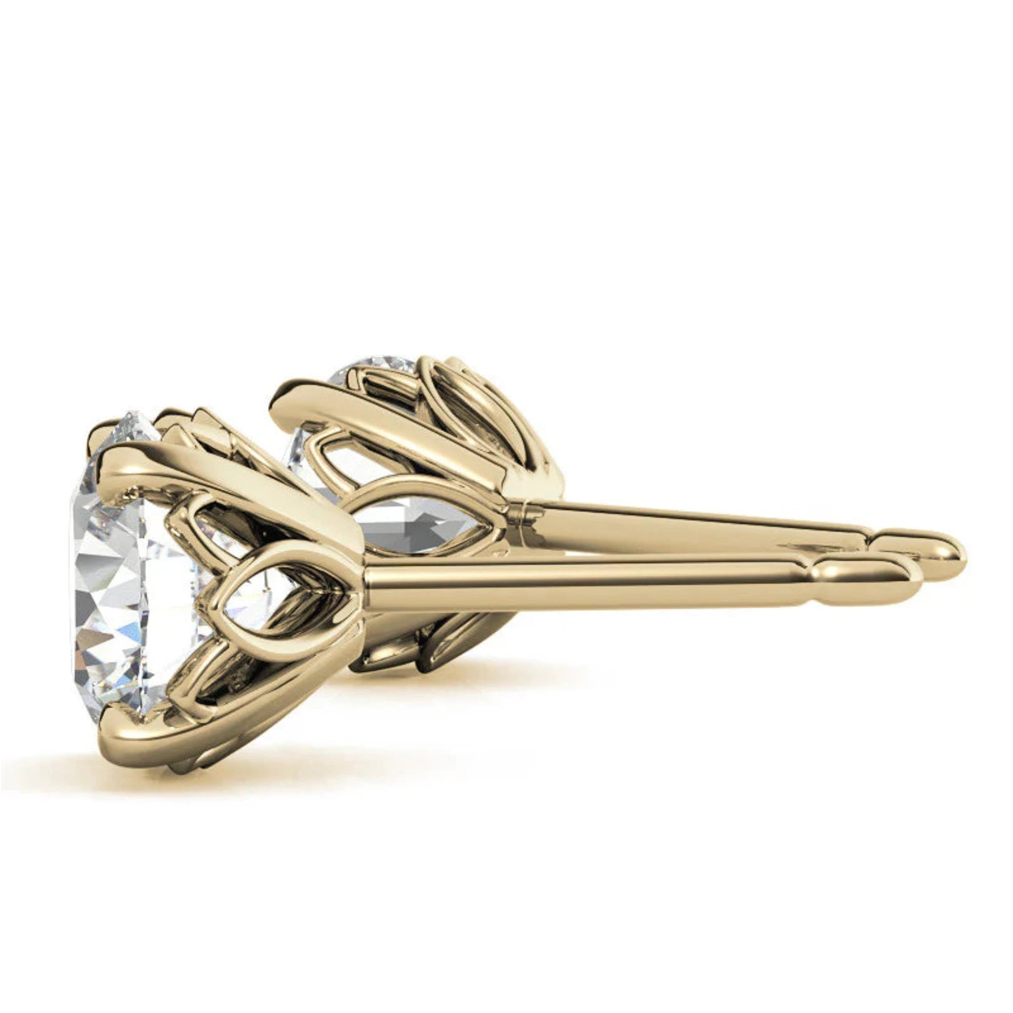 Round Solitaire Floral Lattice Yellow Gold Silver Intricate Setting Stud Earring For Woman