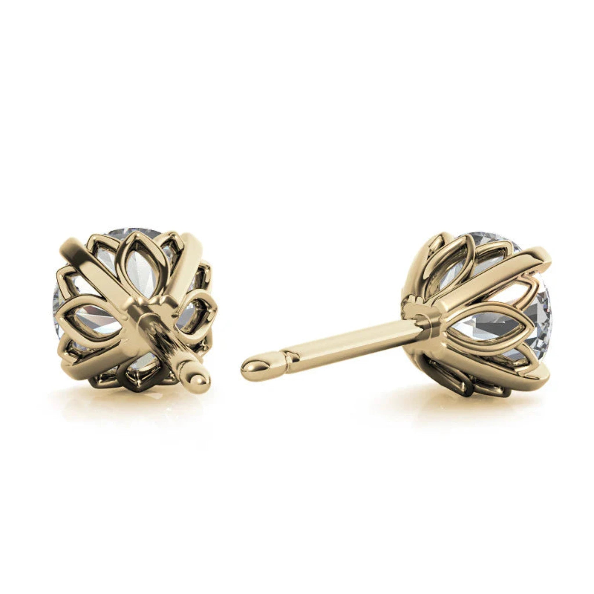 Round Solitaire Floral Lattice Yellow Gold Silver Intricate Setting Stud Earring For Woman