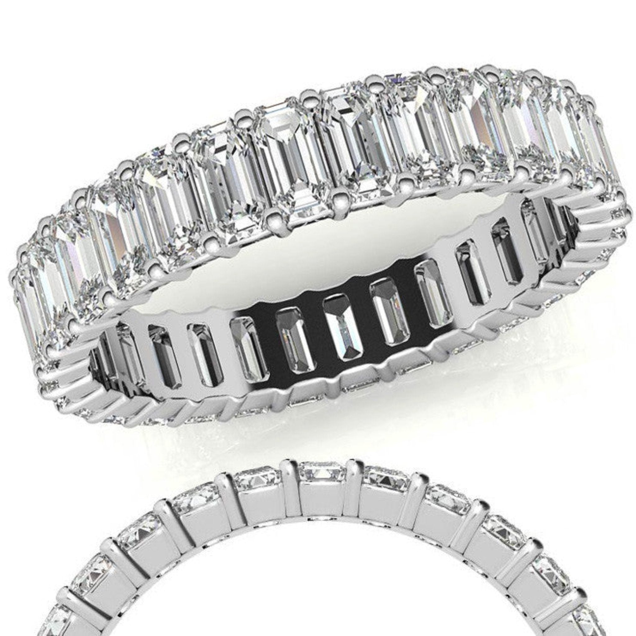 White Gold Silver Lustrous Shared Prong Adjustable Emerald-Cut Ring For Woman