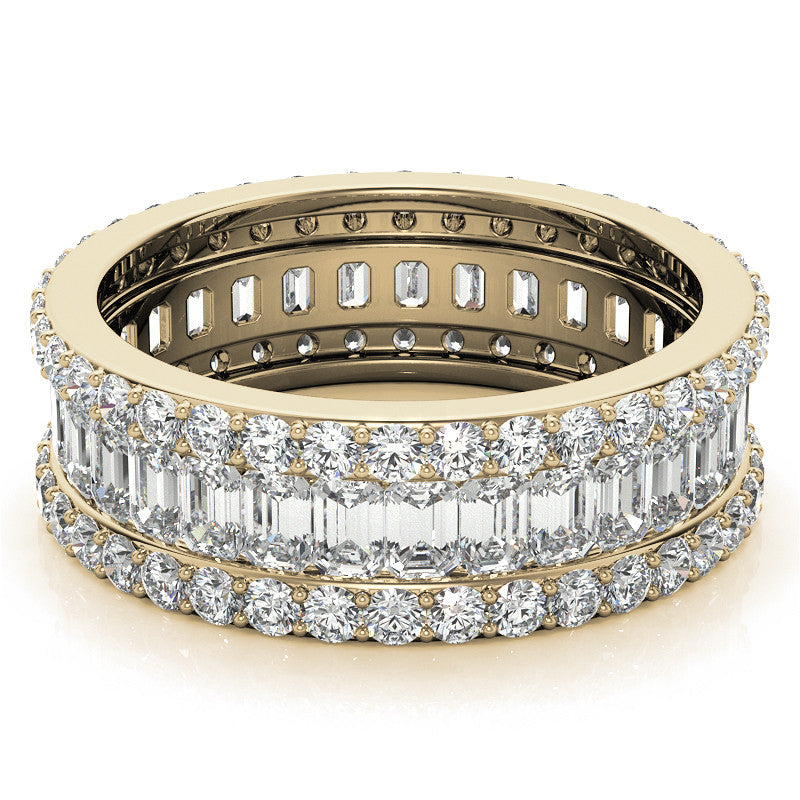 Three Tier Round and Emerald Cut Diamond Yellow Gold Sparkling Sterling Silver Luxury Eternity Band For Women