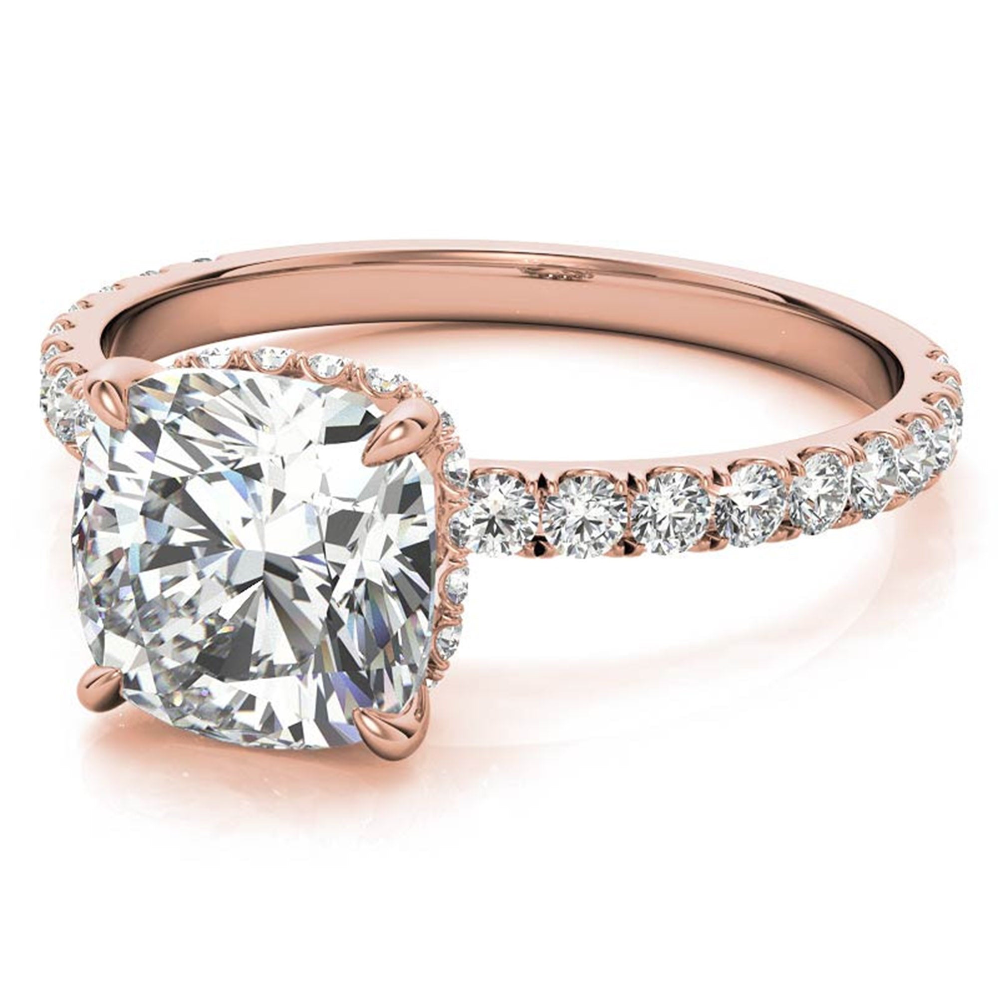 Adjustable Sterling Silver Stunning Rose Gold Cushion Diamond Ring with Side Stones For Women