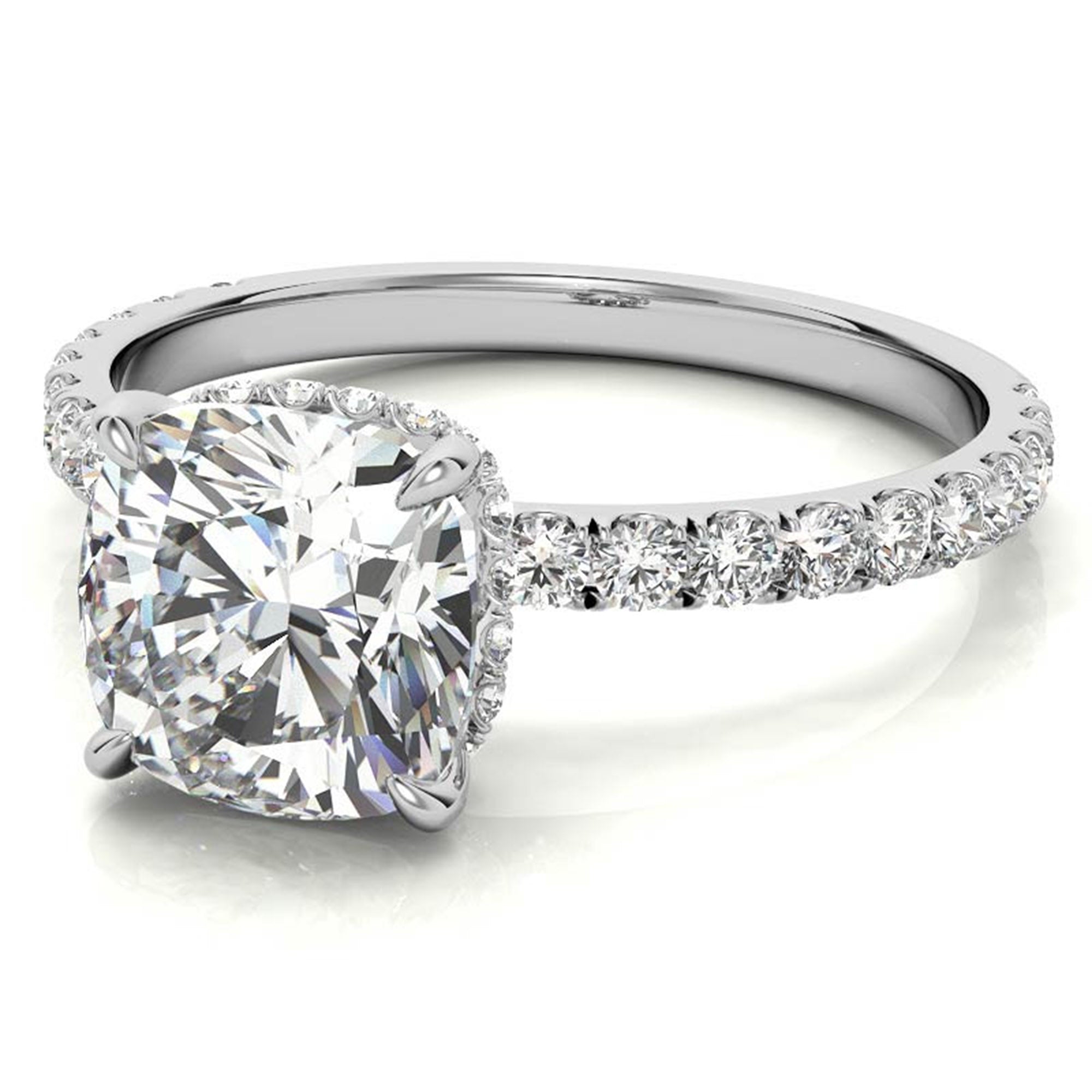 Adjustable Sterling Silver Stunning White Gold Cushion Diamond Ring with Side Stones For Women