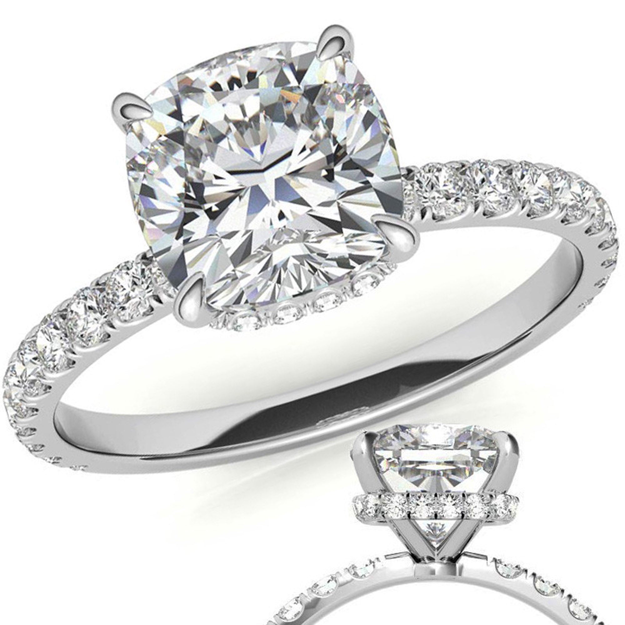 Adjustable Sterling Silver Stunning White Gold Cushion Diamond Ring with Side Stones For Women