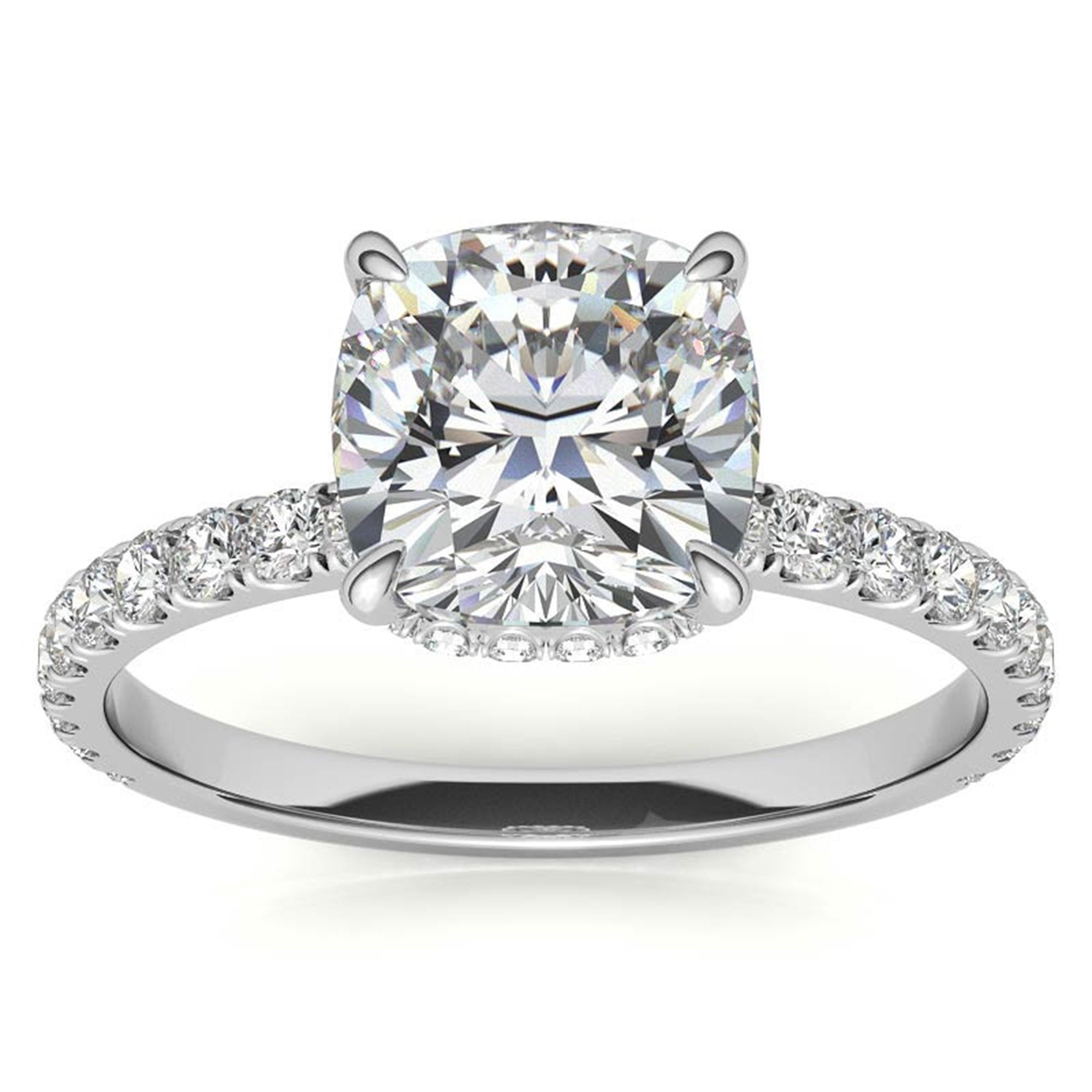 Adjustable Sterling Silver Stunning White Gold Cushion Diamond Ring with Side Stones For Women