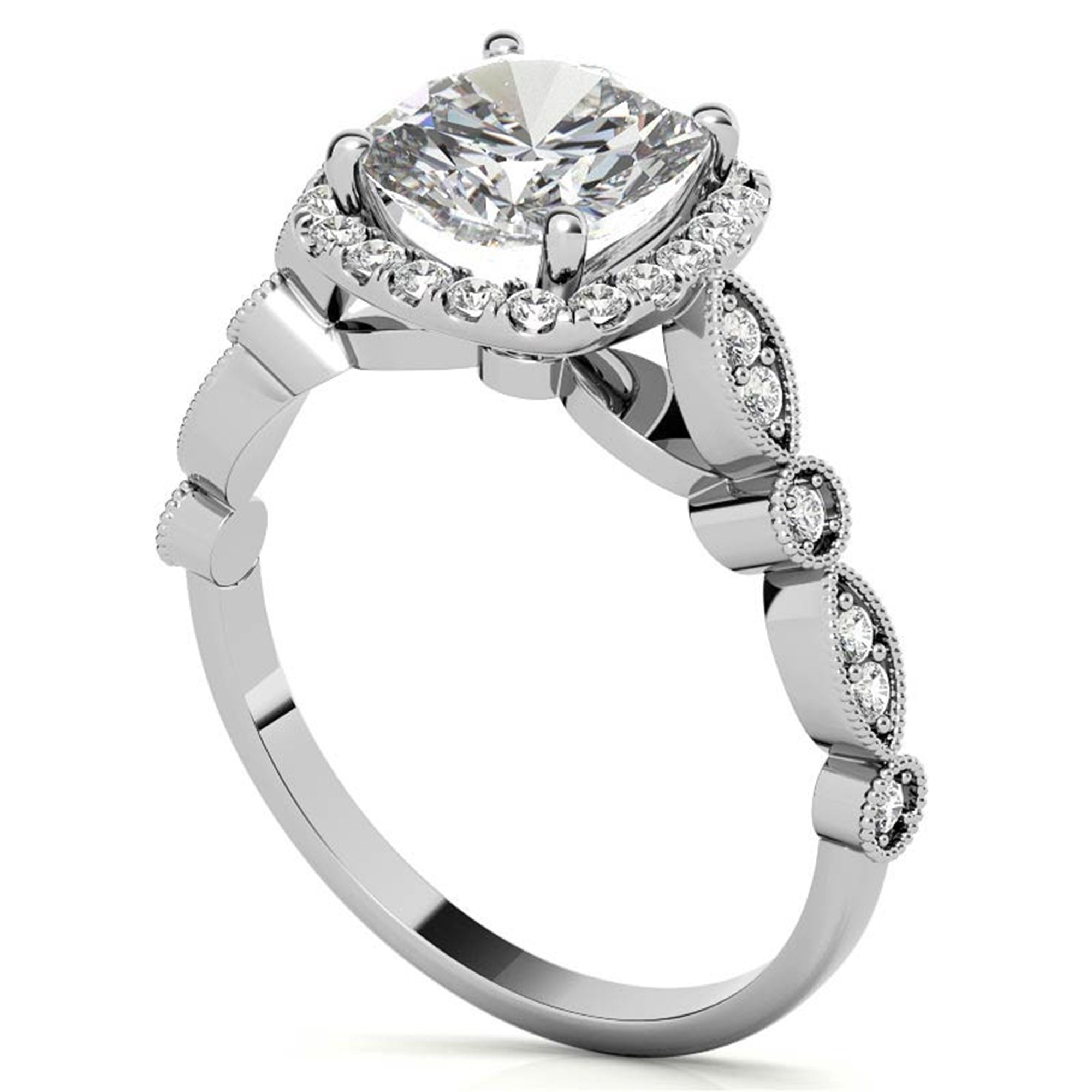 Adjustable Sterling Silver Lustrous White Gold Cushion-Cut vintage-inspired Halo Ring For Women