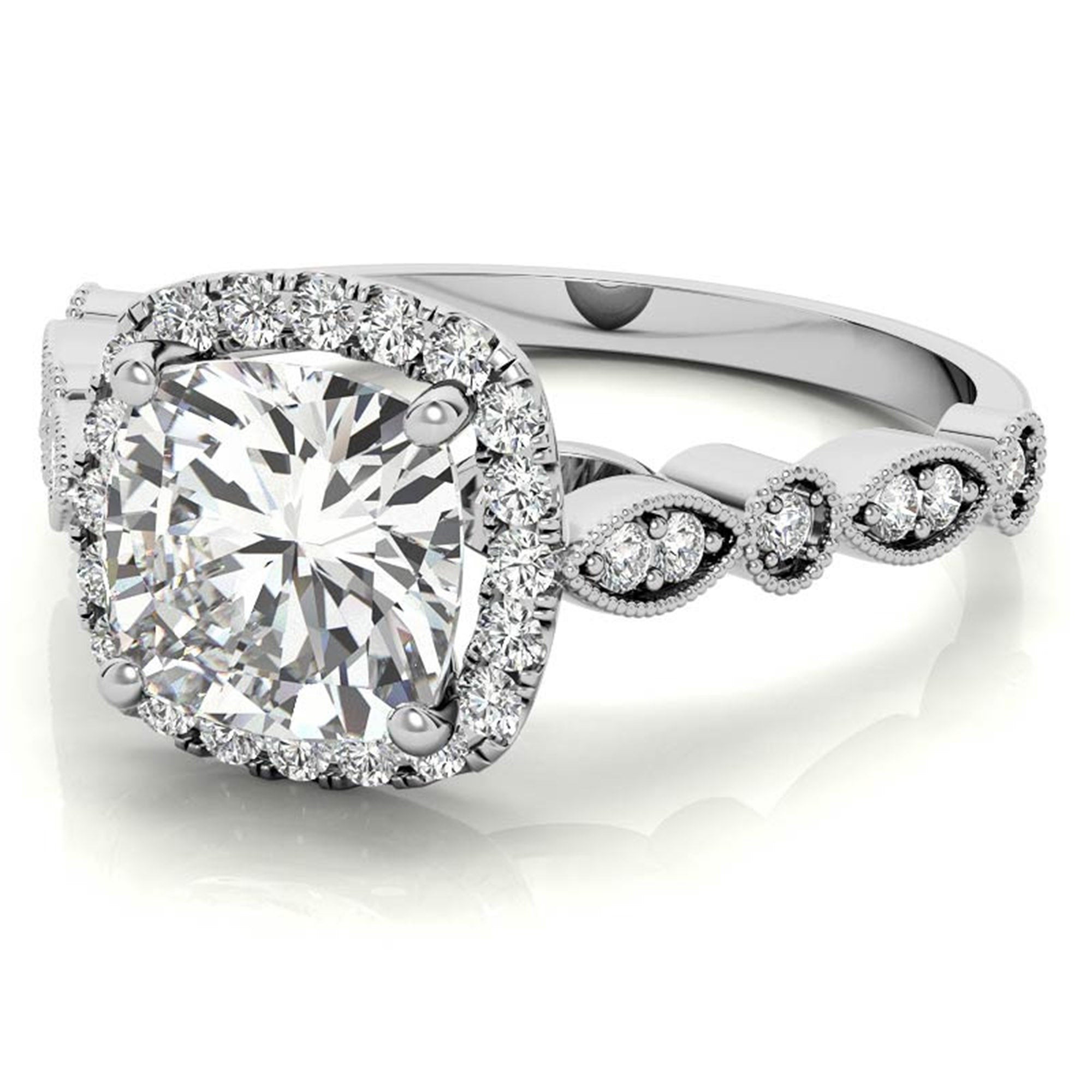 Adjustable Sterling Silver Lustrous White Gold Cushion-Cut vintage-inspired Halo Ring For Women