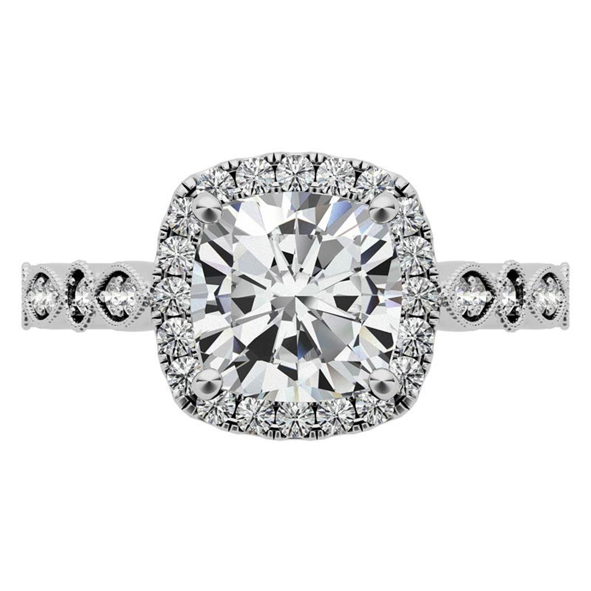 Adjustable Sterling Silver Lustrous White Gold Cushion-Cut vintage-inspired Halo Ring For Women