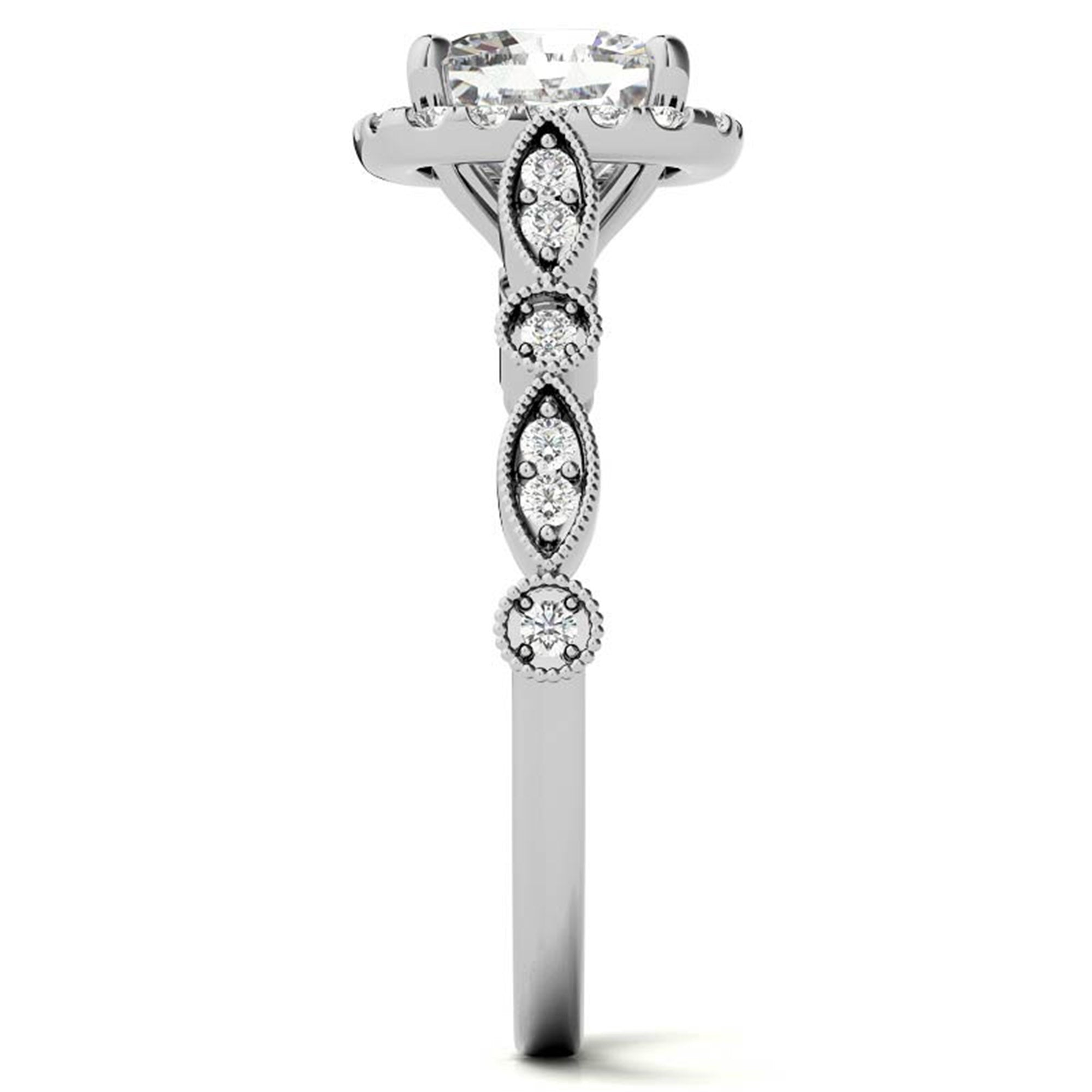 Adjustable Sterling Silver Lustrous White Gold Cushion-Cut vintage-inspired Halo Ring For Women