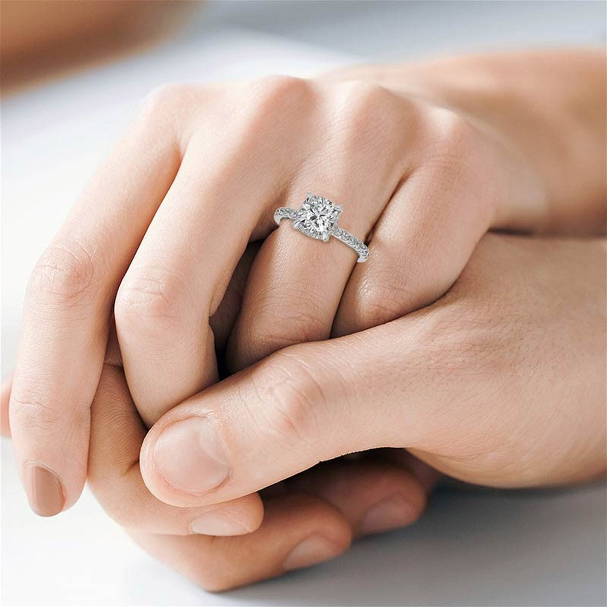 Cushion-Cut Solitaire White Gold Adjustable Sterling Silver Classic Halo Ring For Women