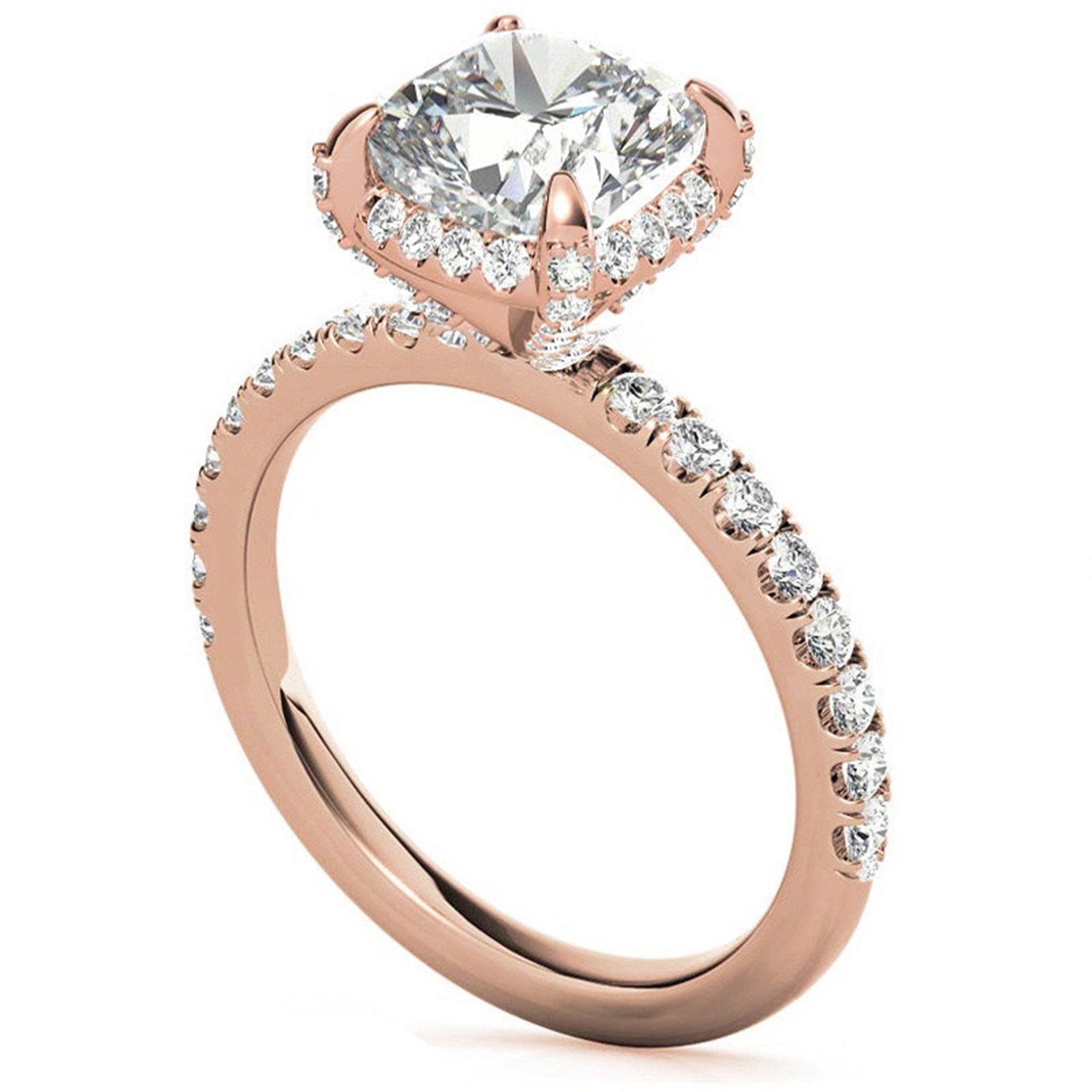 Cushion-Cut Solitaire Rose Gold Adjustable Sterling Silver Classic Halo Ring For Women