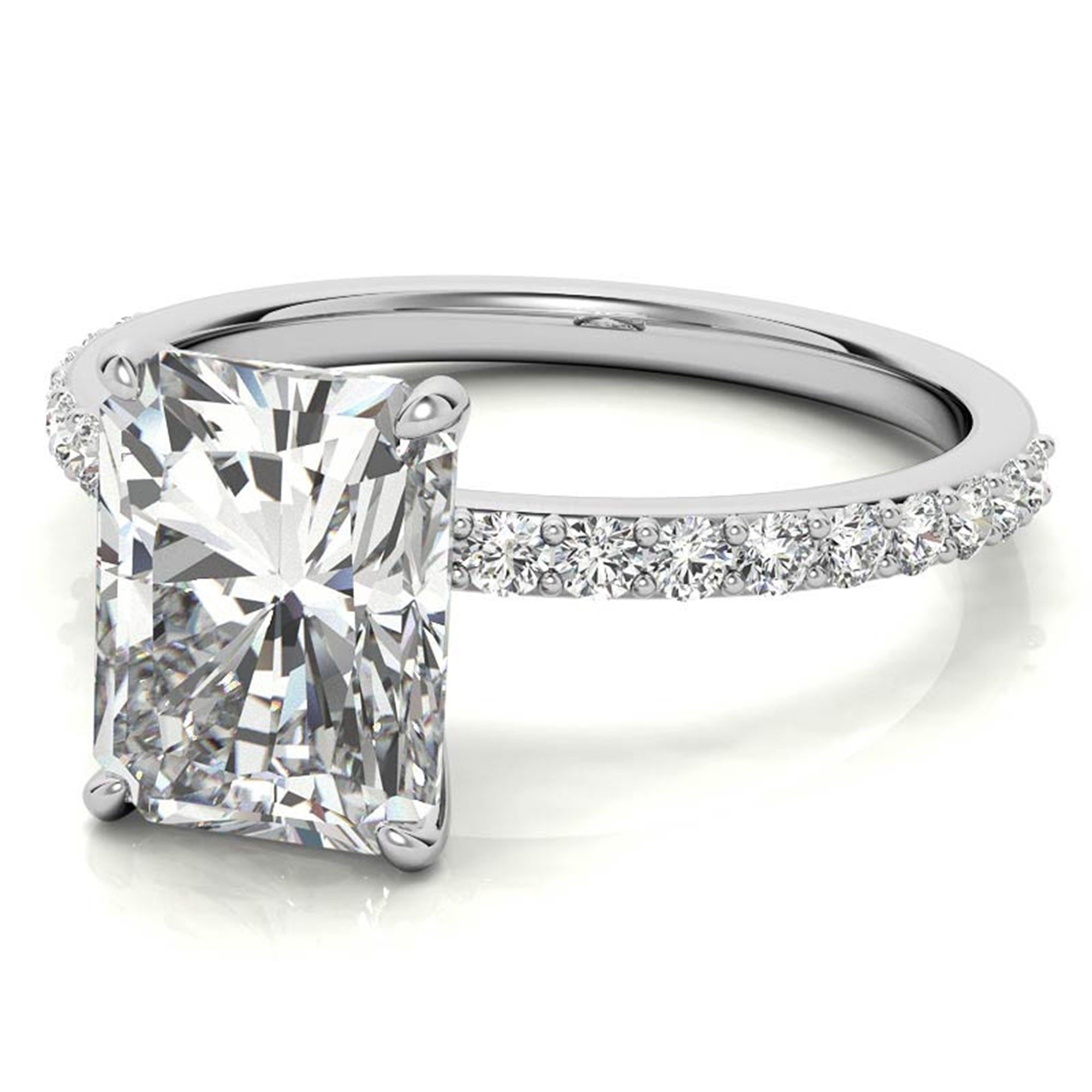 Adjustable Engagement Sterling Silver White Gold Radiant Cut with Hidden Halo Design Ring For Woman