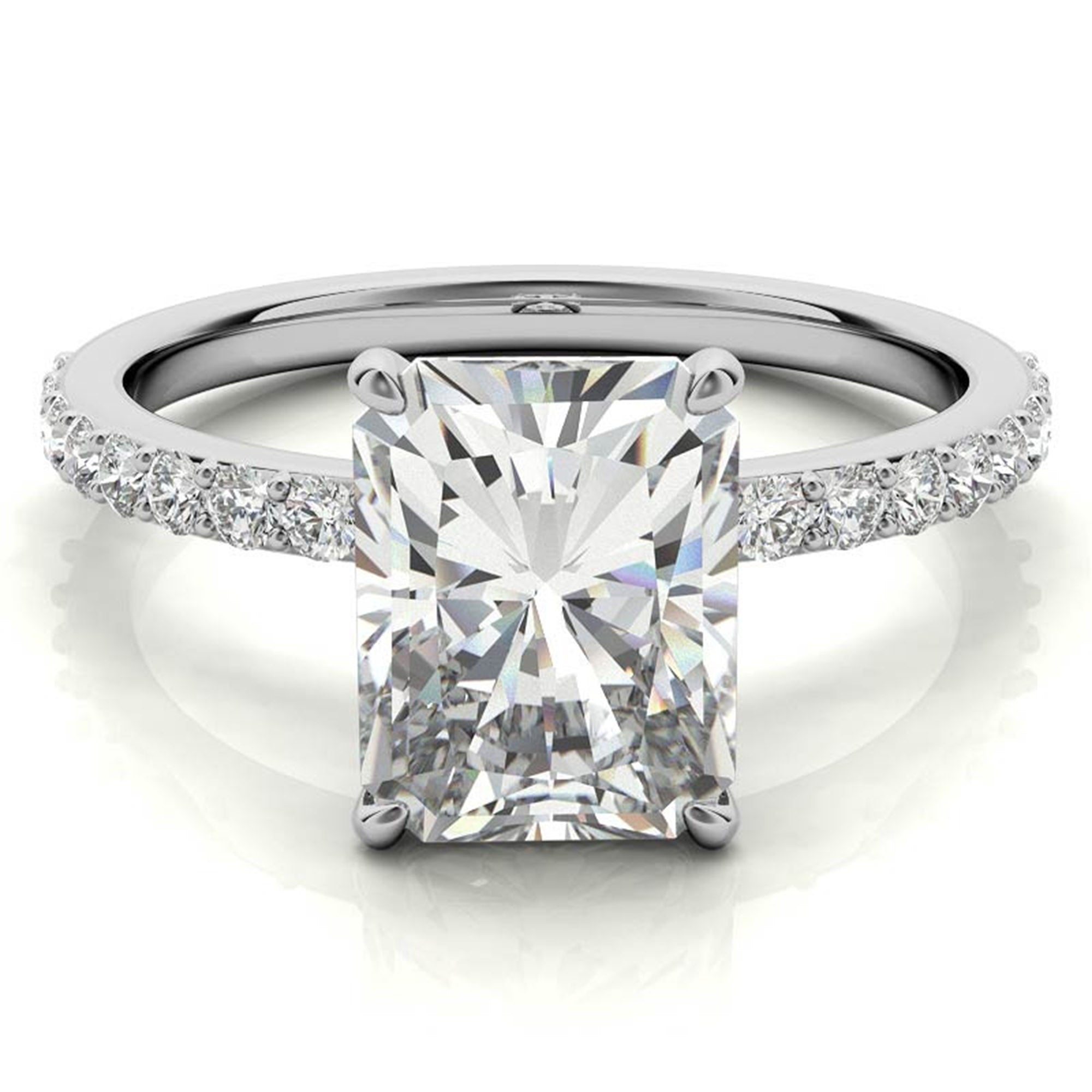 Adjustable Engagement Sterling Silver White Gold Radiant Cut with Hidden Halo Design Ring For Woman