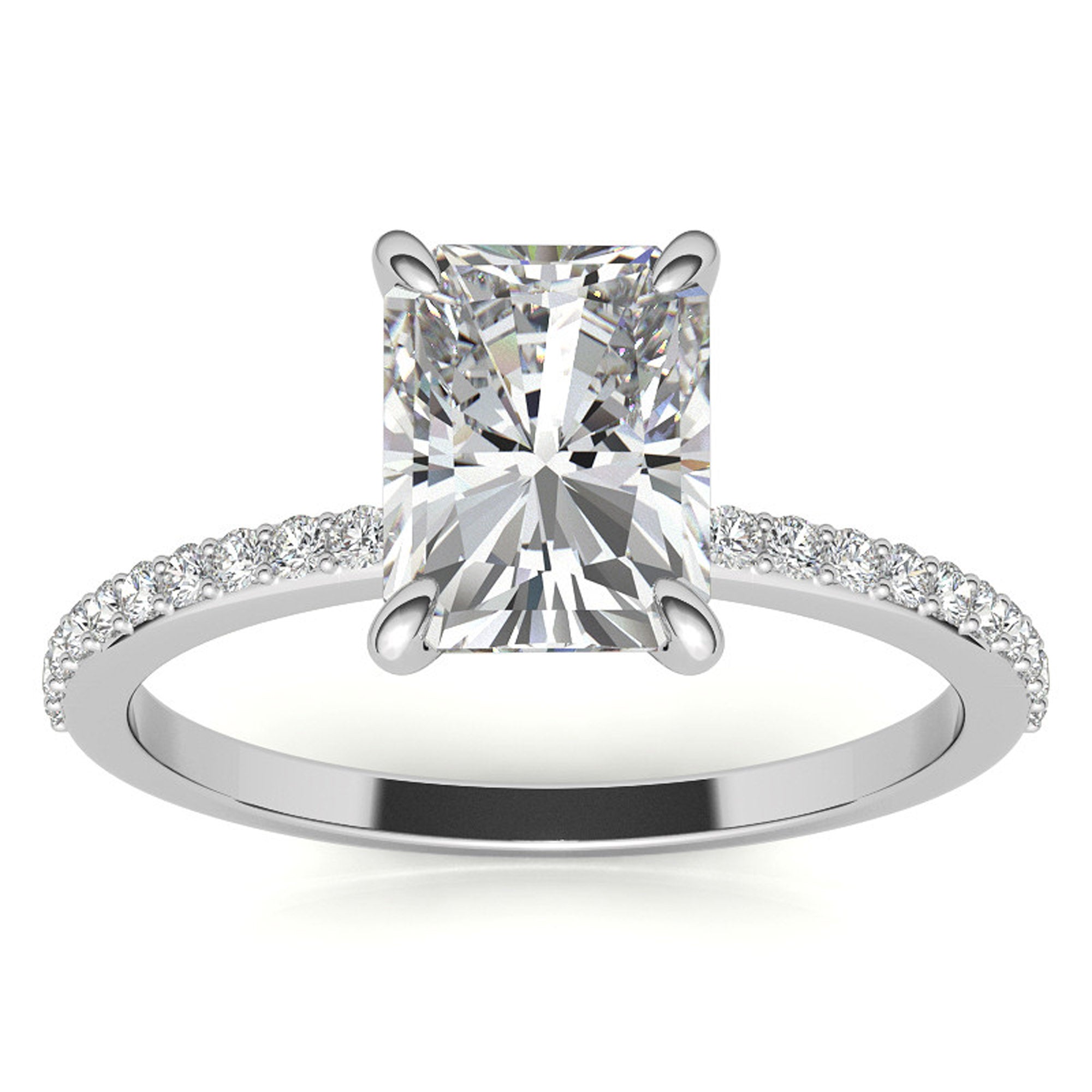 Adjustable Radiant Cut Solitaire Sterling Silver White Gold-Plated Engagement Ring with Pave Band – Perfect for Special Occasions