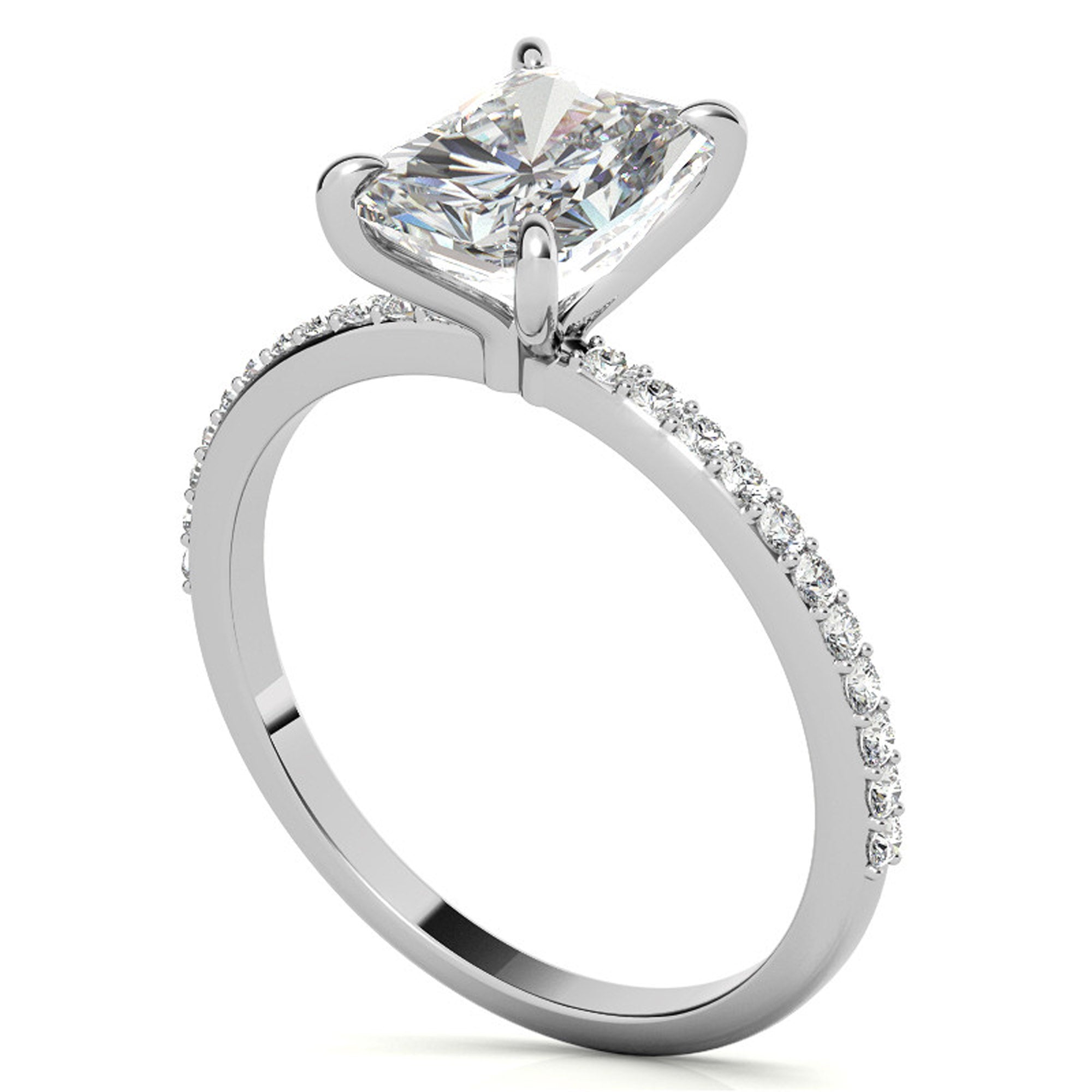 Adjustable Radiant Cut Solitaire Sterling Silver White Gold-Plated Engagement Ring with Pave Band – Perfect for Special Occasions