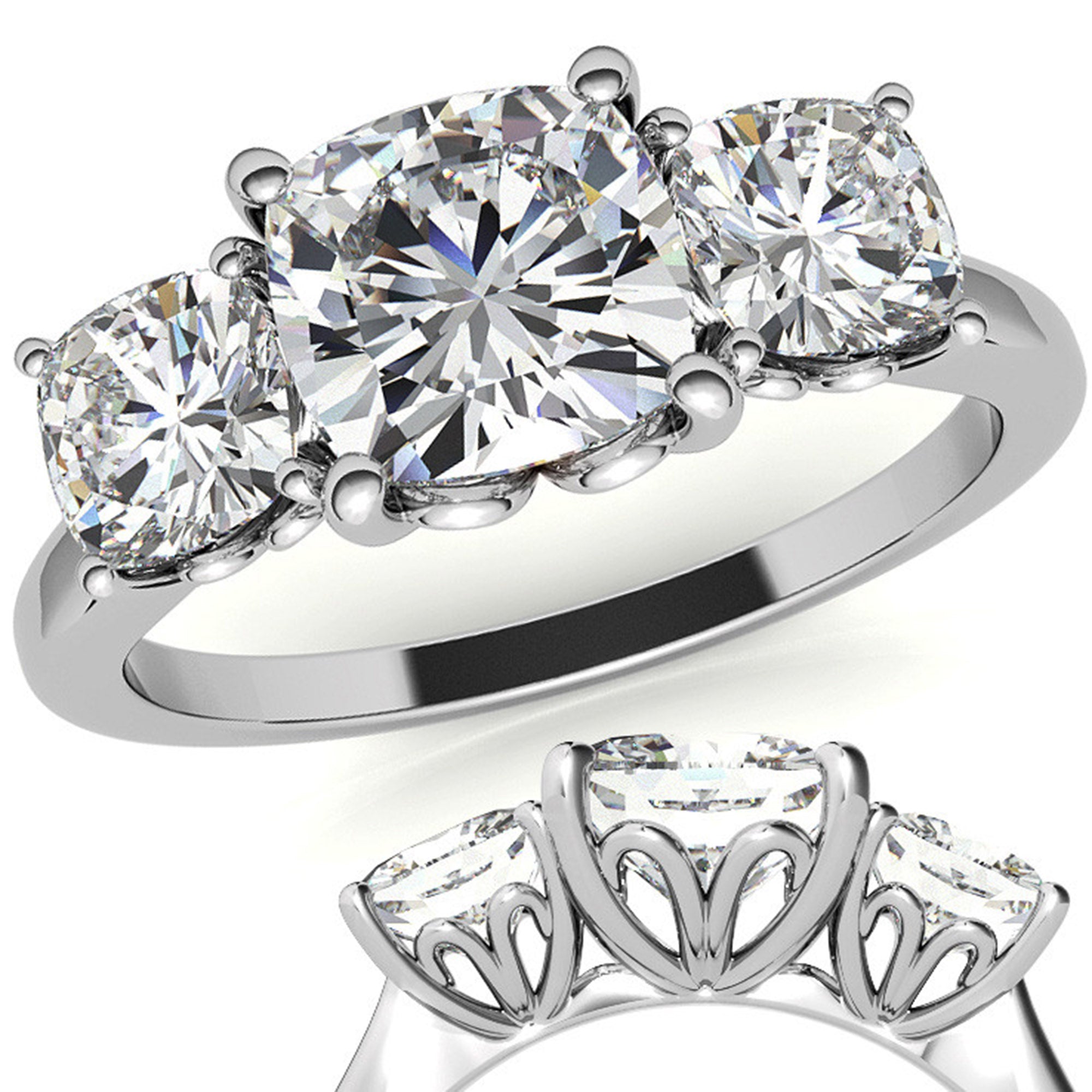 Adjustable  Engagement Sterling Silver White Gold Trio Cushion-Cut Ring For Woman