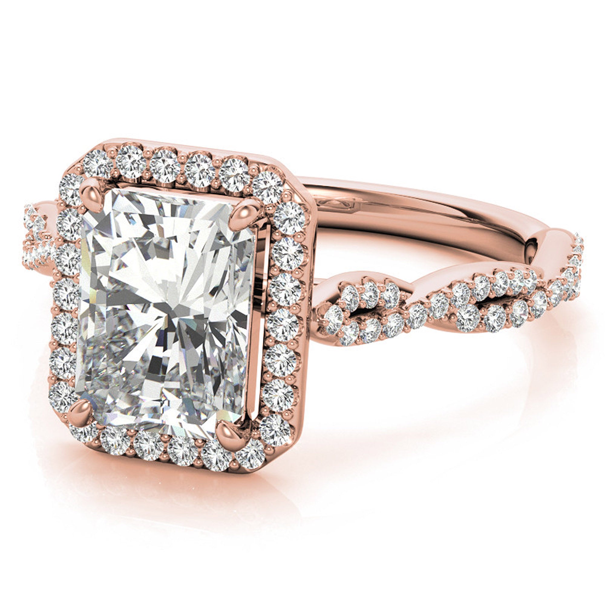 Sterling Silver Radiant Halo Twisted Band Adjustable Elegant Rose Gold Ring – Perfect for Engagement